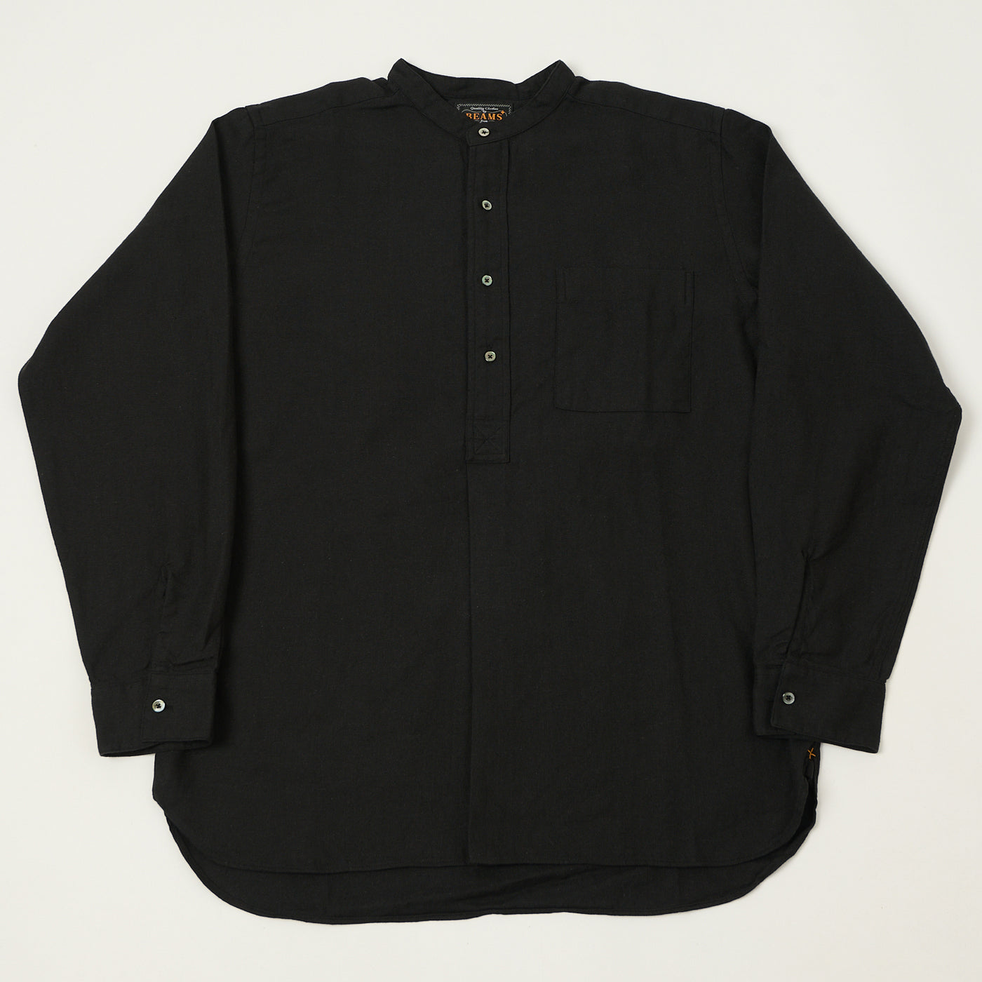 Beams Plus Herringbone Twill Band Collar Pullover Shirt - Black