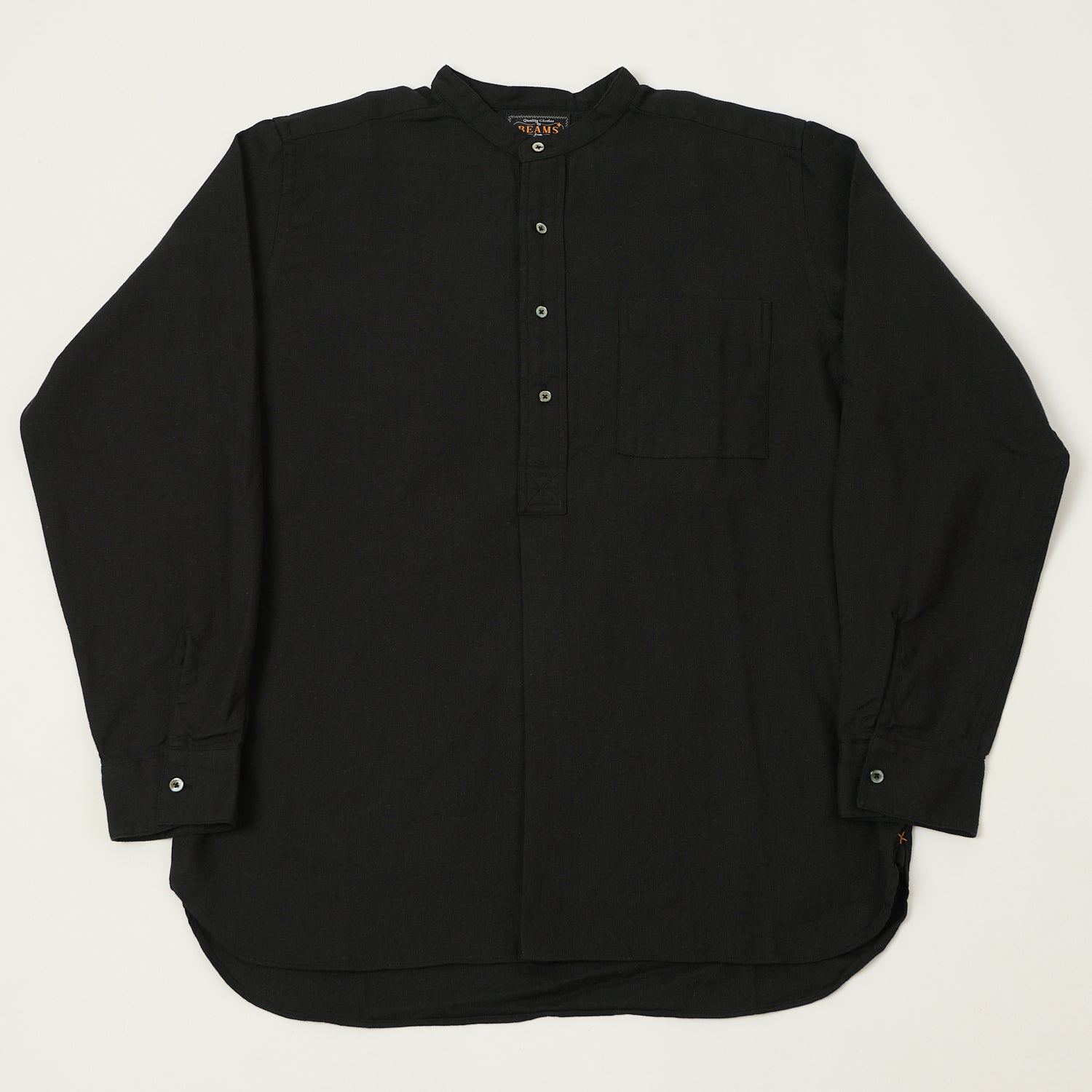 Beams Plus Herringbone Twill Band Collar Pullover Shirt - Black