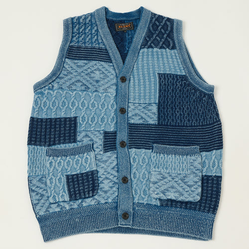 Beams Plus Cable Knit Button Up Vest - Indigo