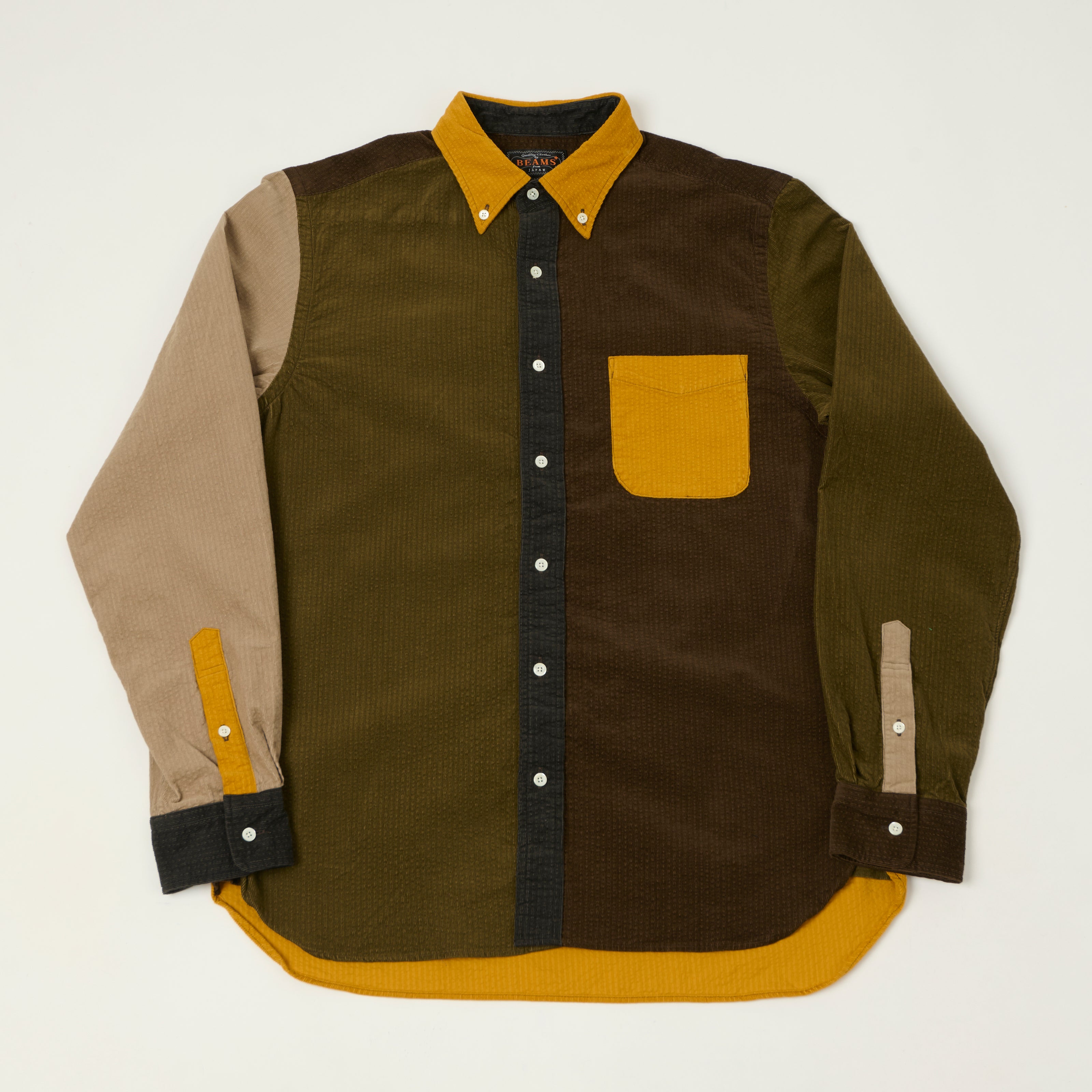 Beams Plus Corduroy Panel Button Down Shirt - Yellow/Multi