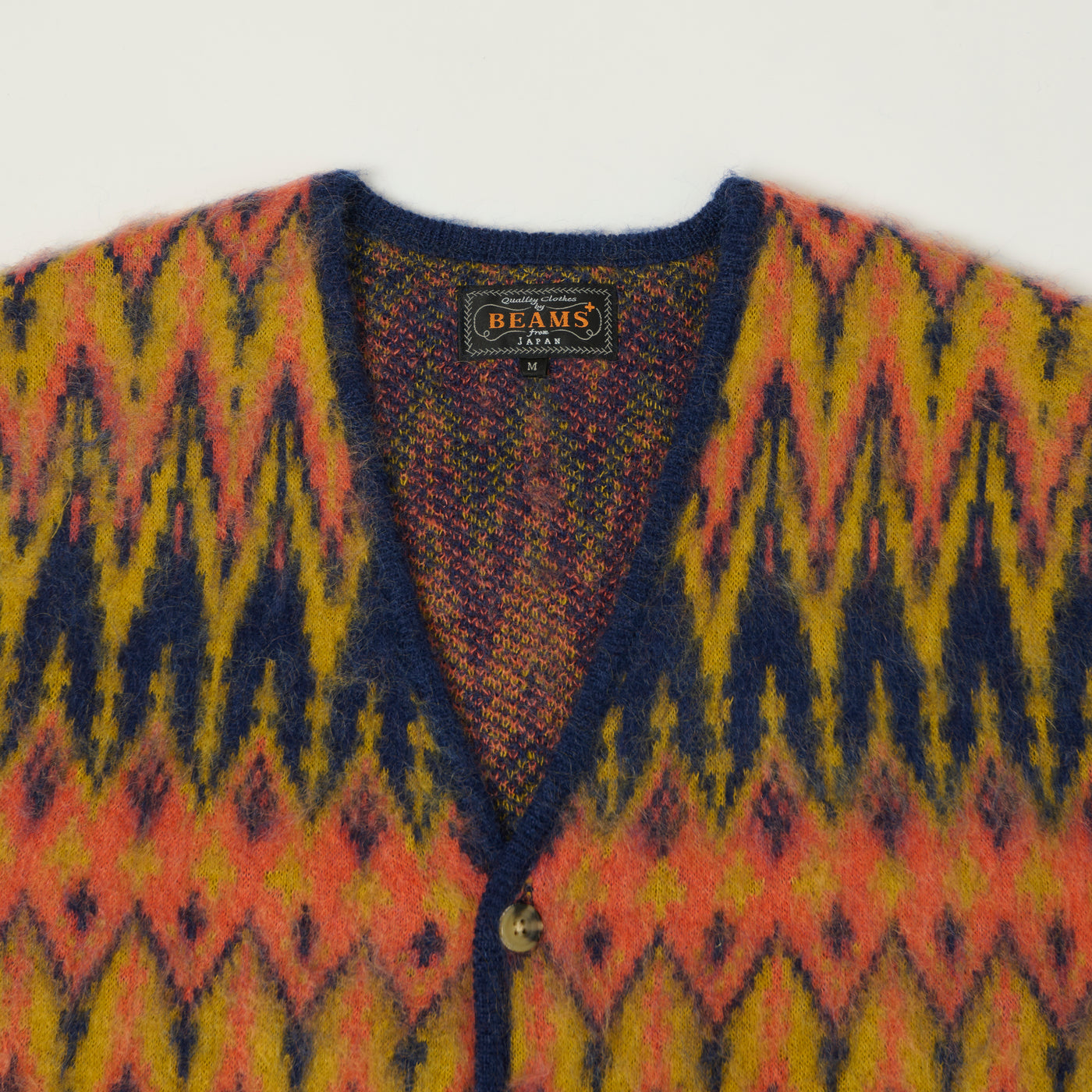 Beams Plus Brushed Mohair Shaggy Jacquard Cardigan - Navy/Multi