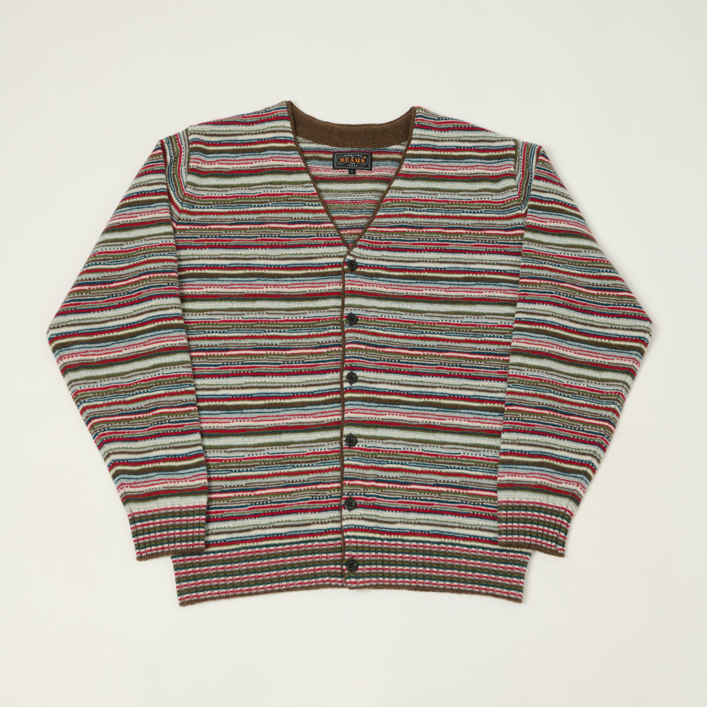 Beams Plus Jacquard Knit Stripe Cardigan - Red