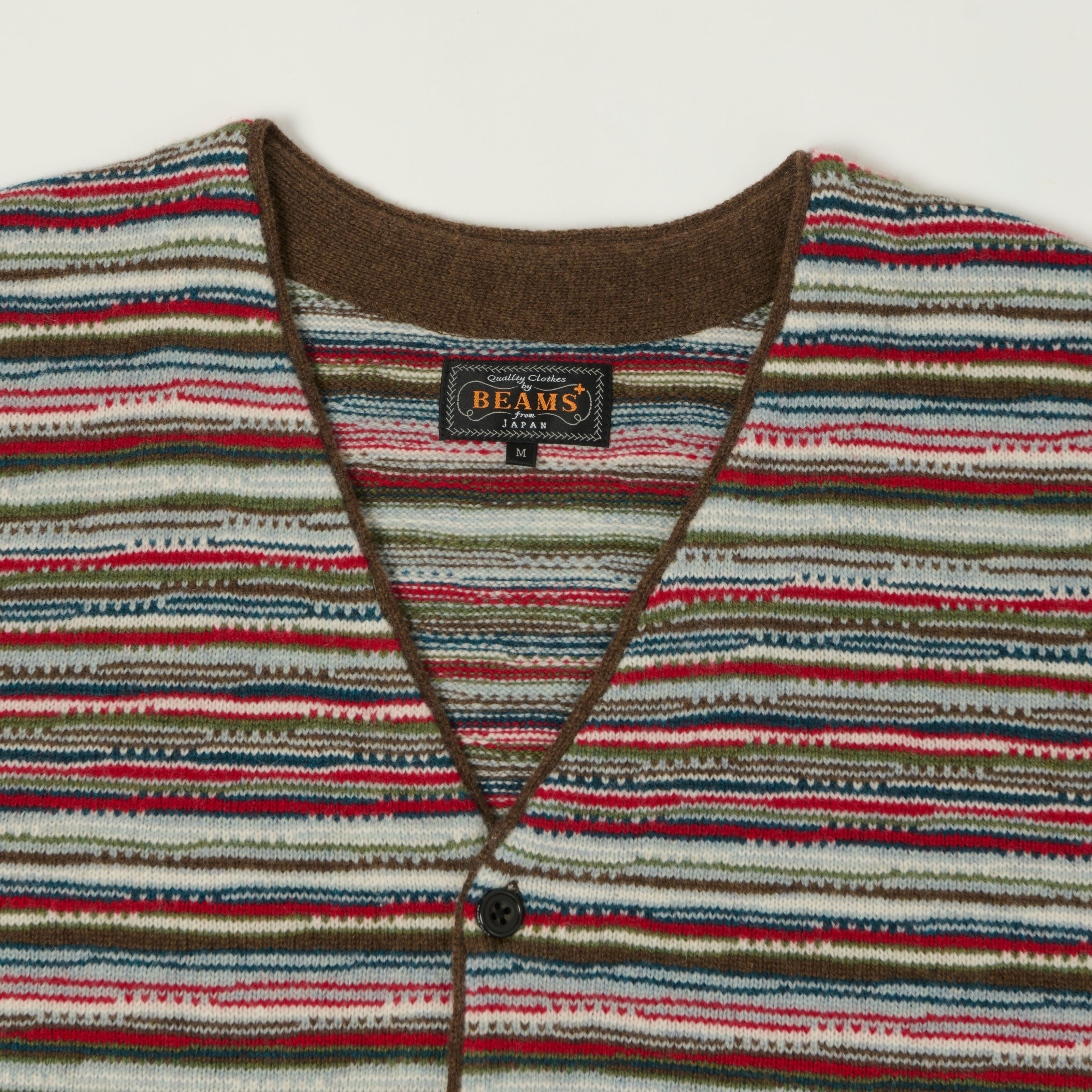 Beams Plus Jacquard Knit Stripe Cardigan - Red