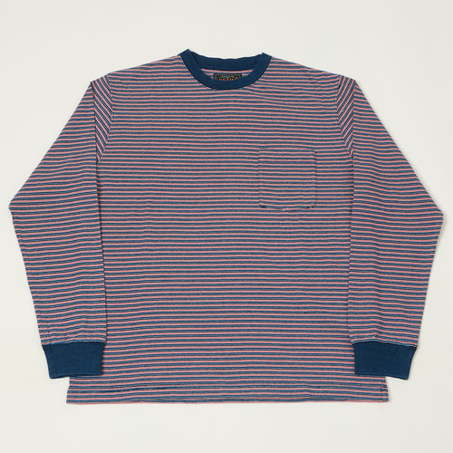 Beams Plus Long Sleeve Stripe Pocket T-Shirt - Indigo/Red