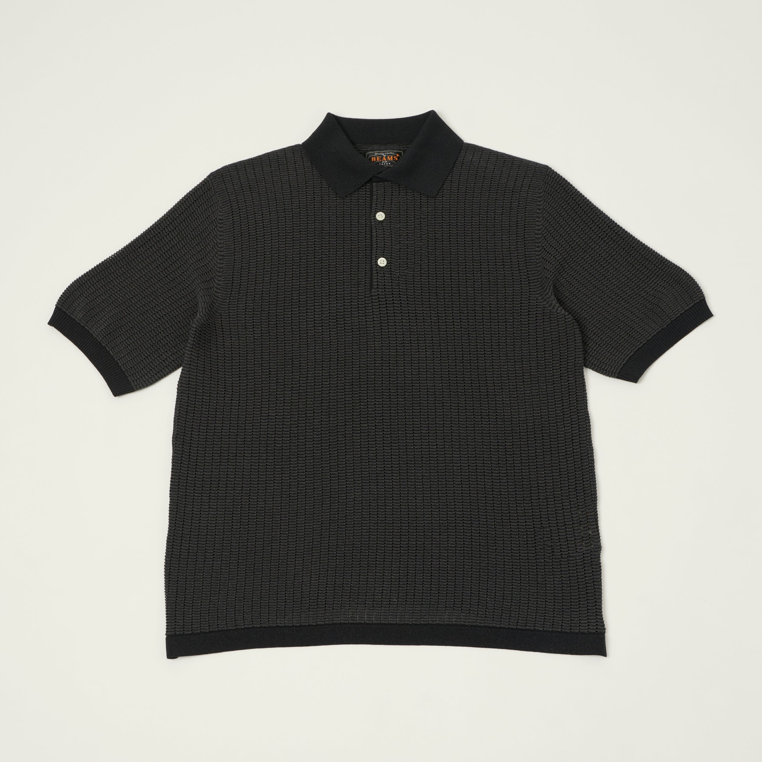 Beams Plus Washi Short Sleeve Knit Polo Shirt - Black