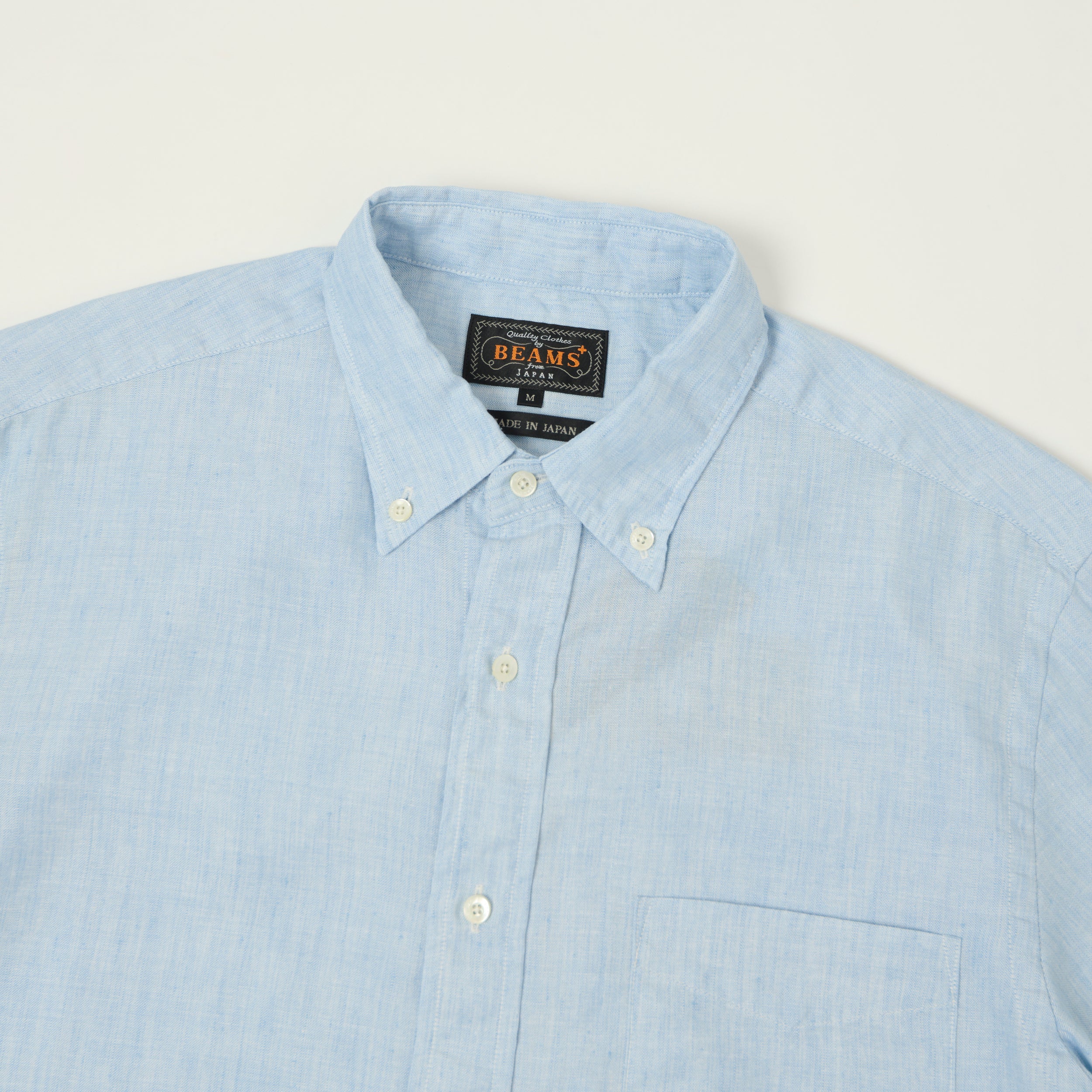 Beams Plus Button Down Coolmax Linen Short Sleeve Shirt - Sax
