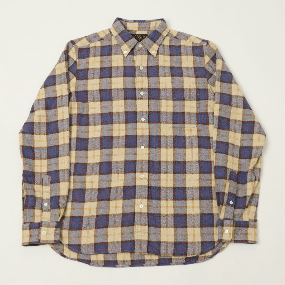 Beams Plus Button Down Herringbone Check Shirt - White/Blue