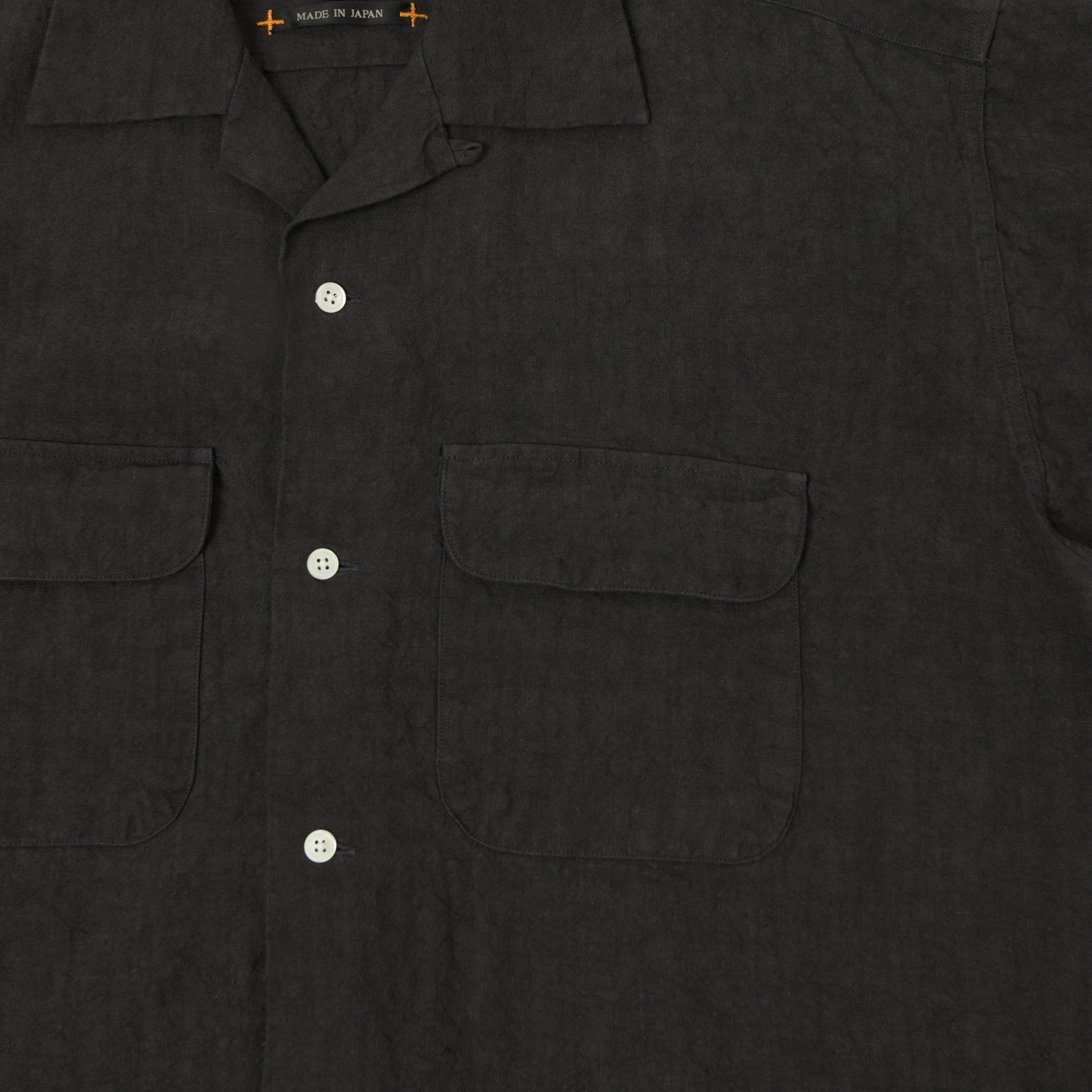 Beams Plus Open Collar Short Sleeve Linen Shirt - Charcoal