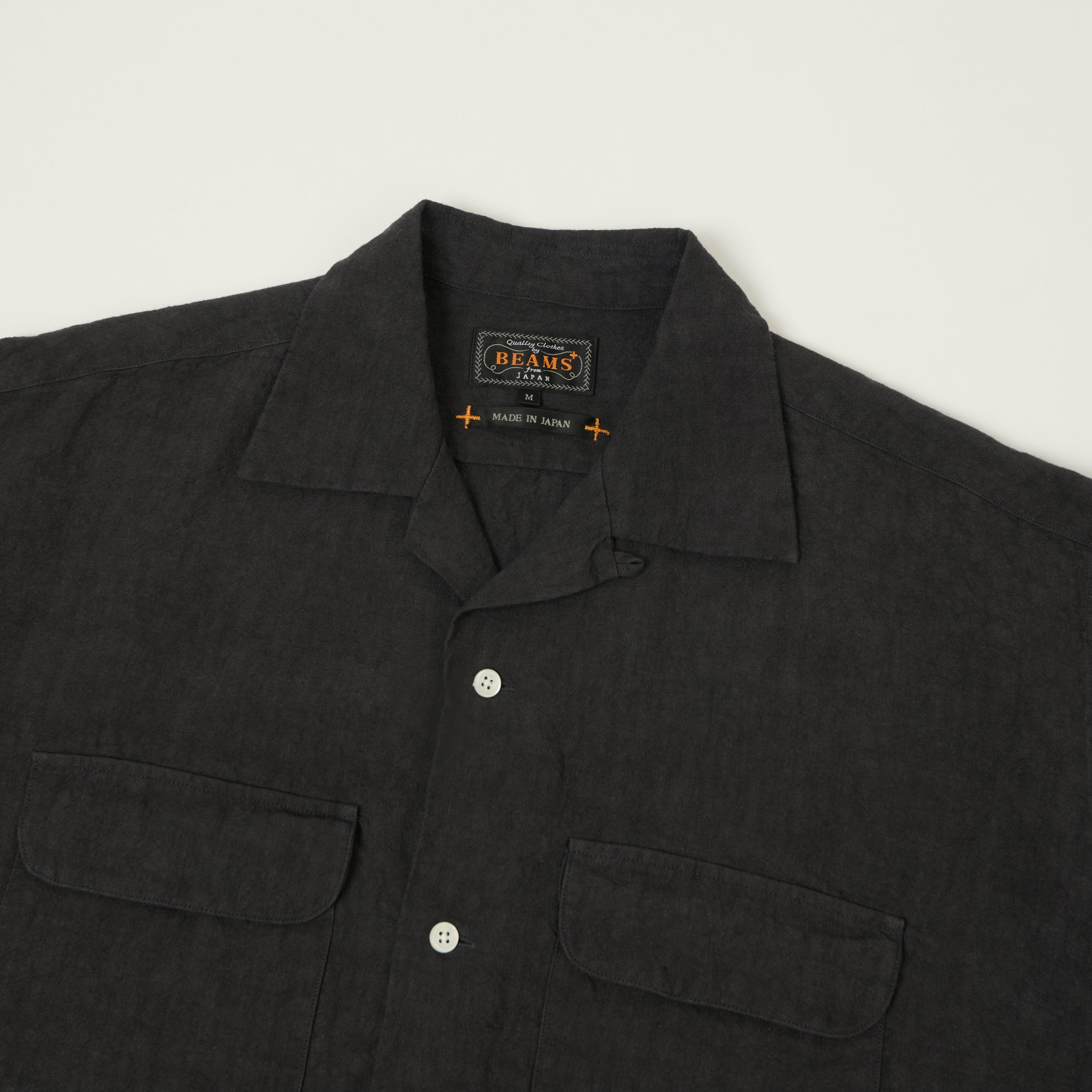 Beams Plus Open Collar Short Sleeve Linen Shirt - Charcoal