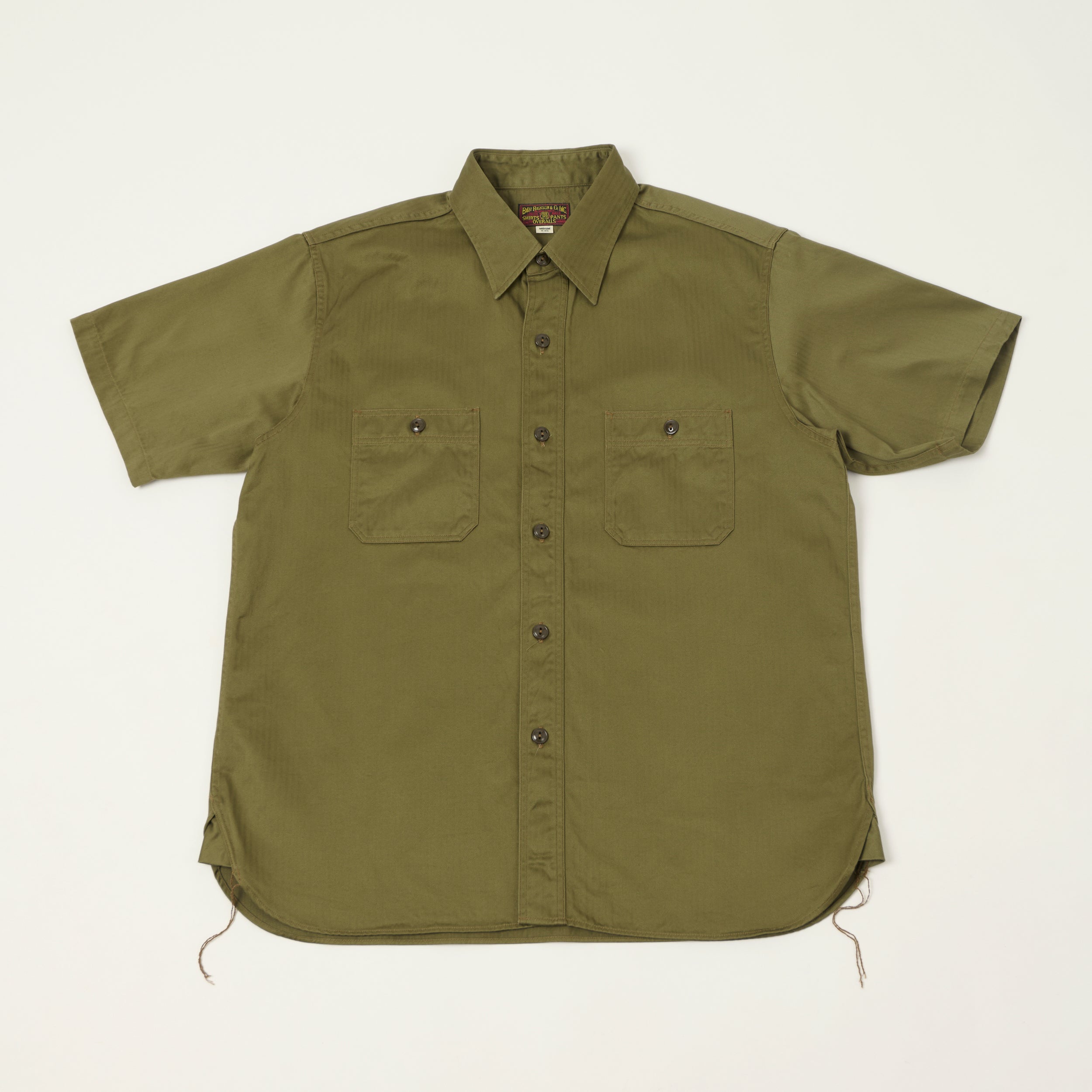 Buzz Rickson's Open Pocket Short Sleeve Herringbone Work Shirt - Olive