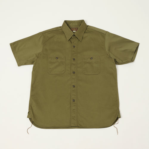 Buzz Rickson's Open Pocket Short Sleeve Herringbone Work Shirt - Olive