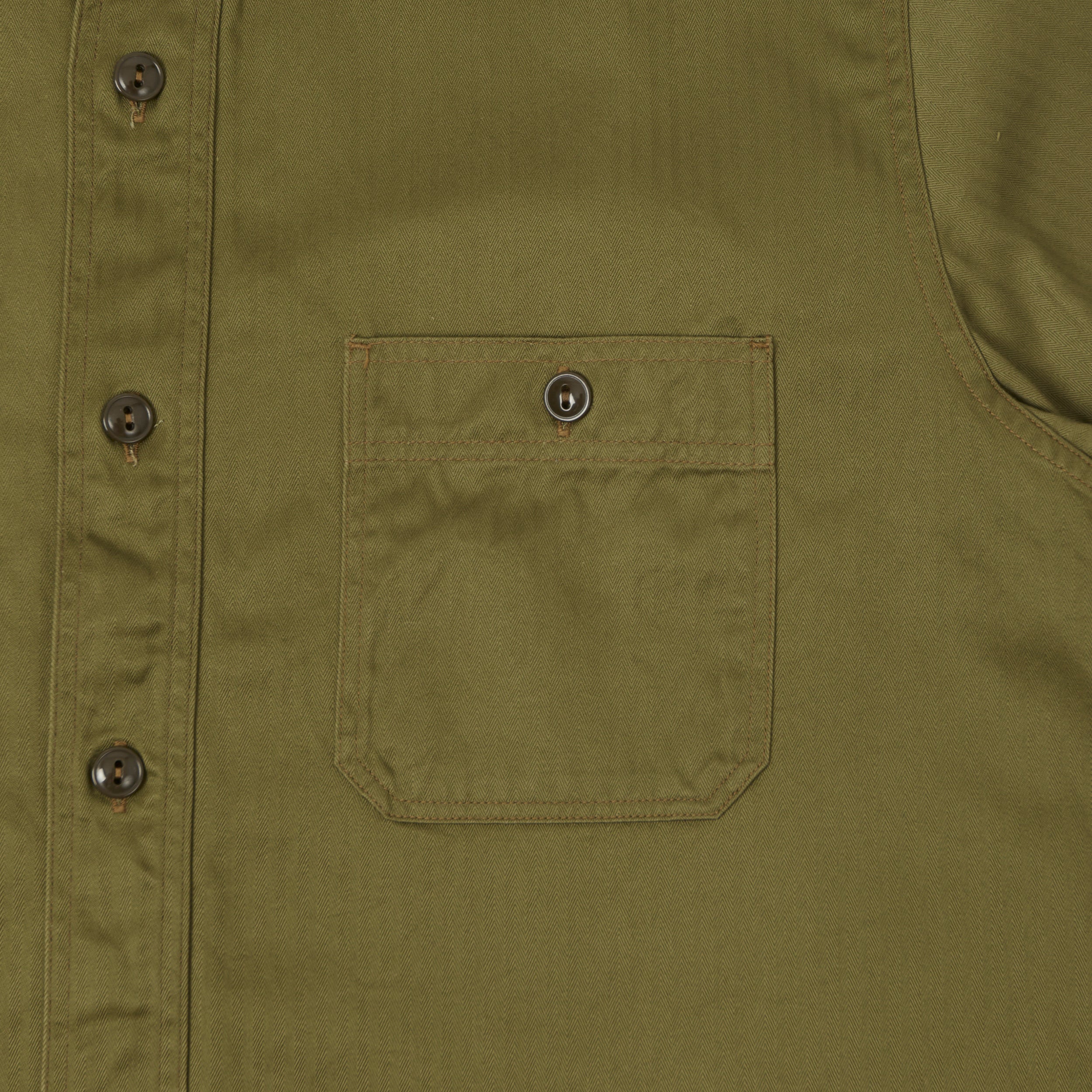 Buzz Rickson's Open Pocket Short Sleeve Herringbone Work Shirt - Olive