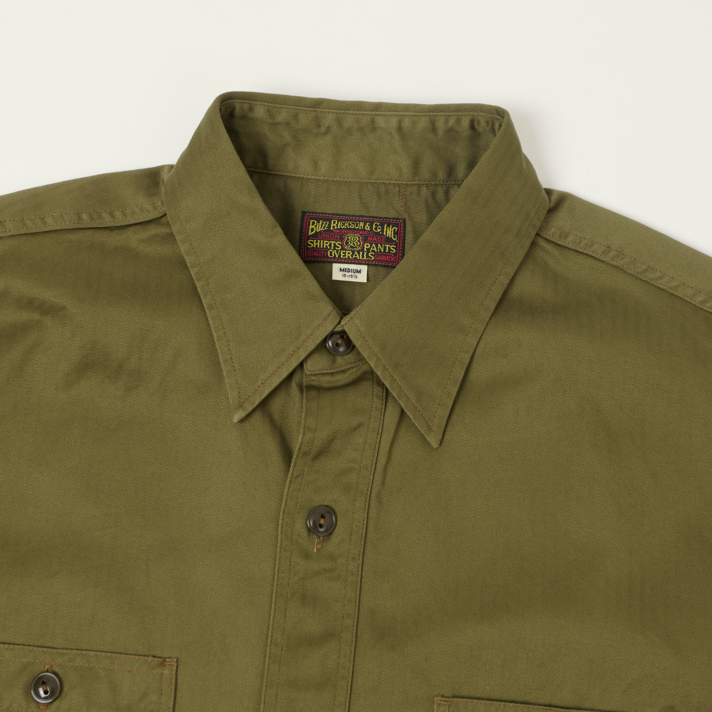 Buzz Rickson's Open Pocket Short Sleeve Herringbone Work Shirt - Olive