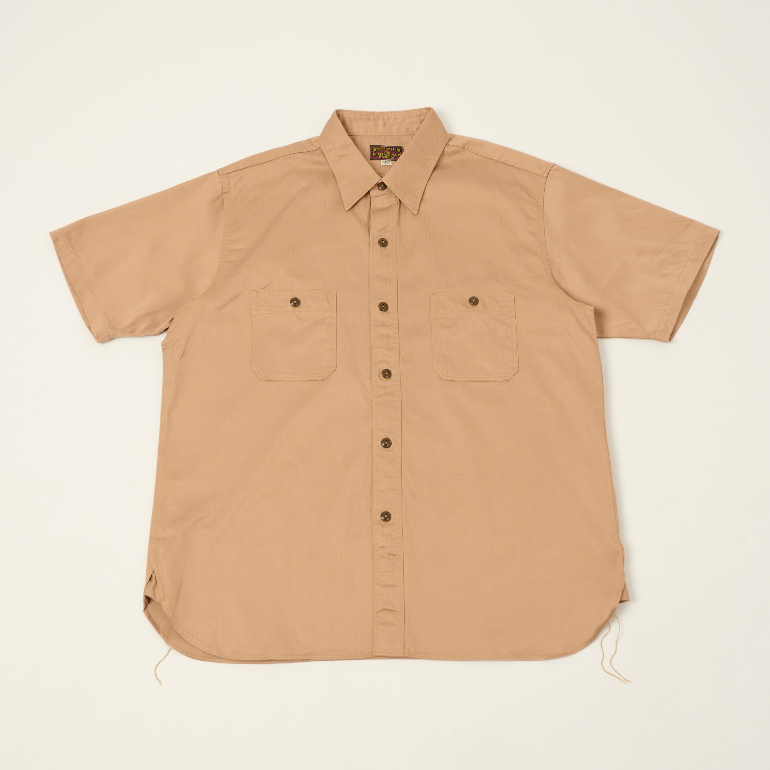 Buzz Rickson's Open Pocket Short Sleeve Herringbone Work Shirt - Beige