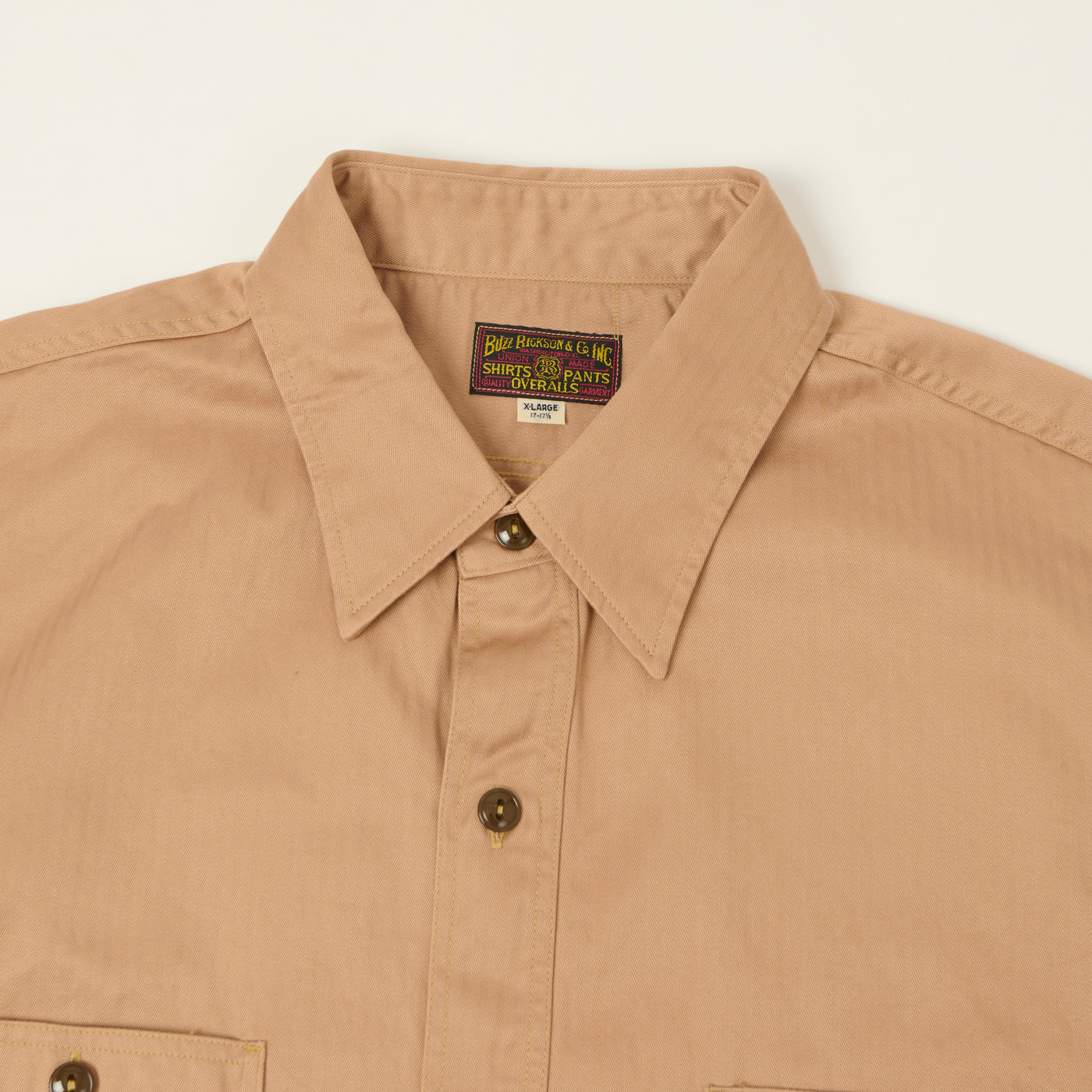 Buzz Rickson's Open Pocket Short Sleeve Herringbone Work Shirt - Beige