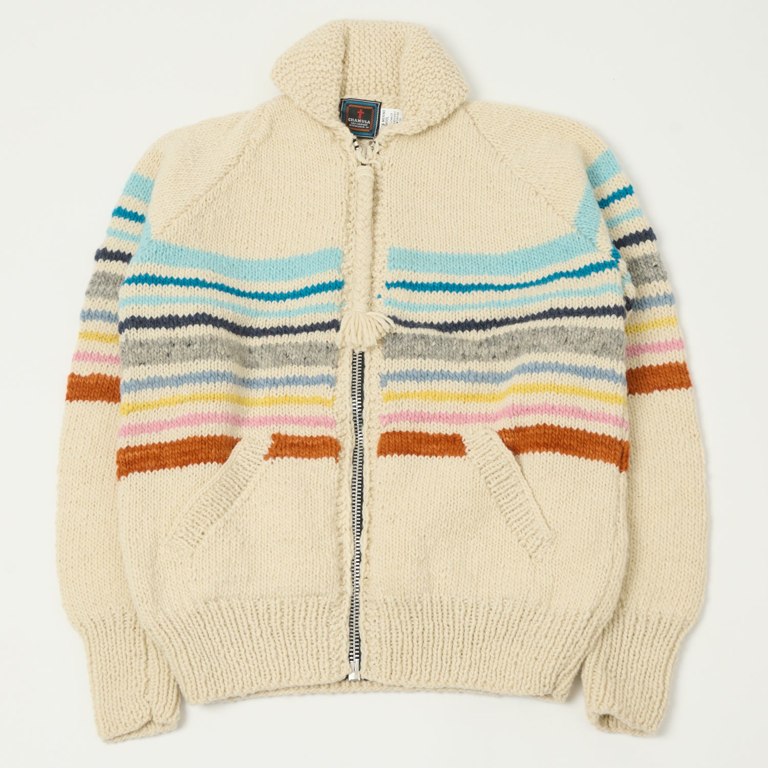 Chamula Merino Wool Multi Stripe Zip Through Cardigan - Ivory/Multi