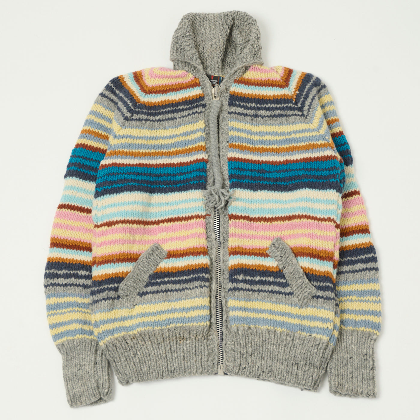 Chamula Merino Wool Multi Stripe Zip Through Cardigan - Pearl Grey/Multi