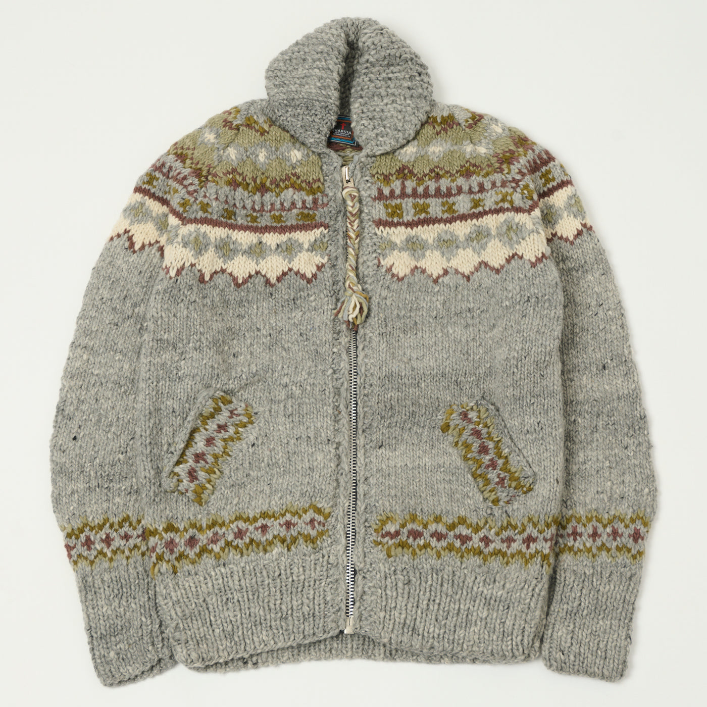 Chamula Merino Wool 'Fair Isle #3' Zip Through Cardigan - Pearl Grey