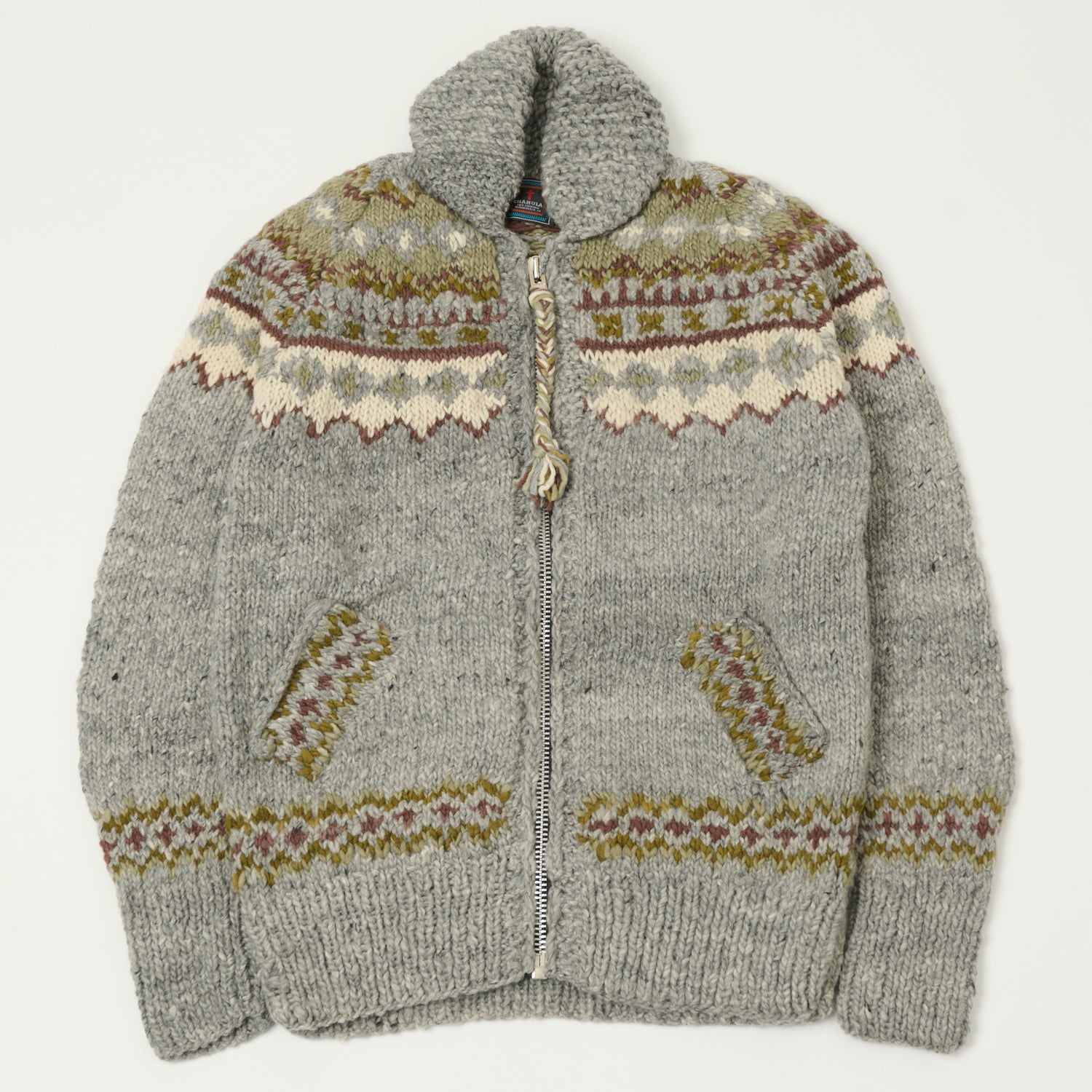 Chamula Merino Wool 'Fair Isle #3' Zip Through Cardigan - Pearl Grey