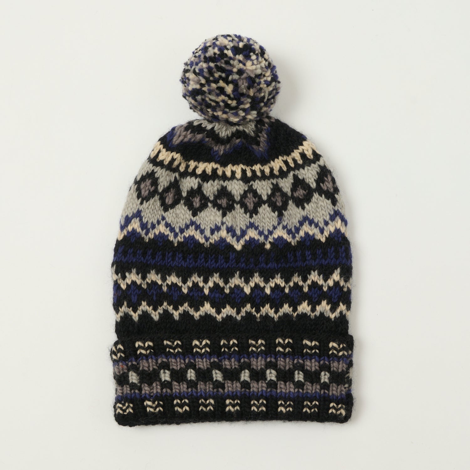 Chamula Double Cuff Beanie 'Fair Isle #3' - Black/Grey