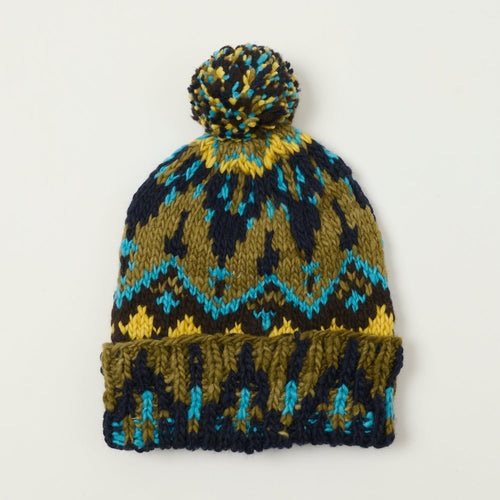 Chamula Double Cuff Beanie 'Fair Isle #3' - Olive/Navy