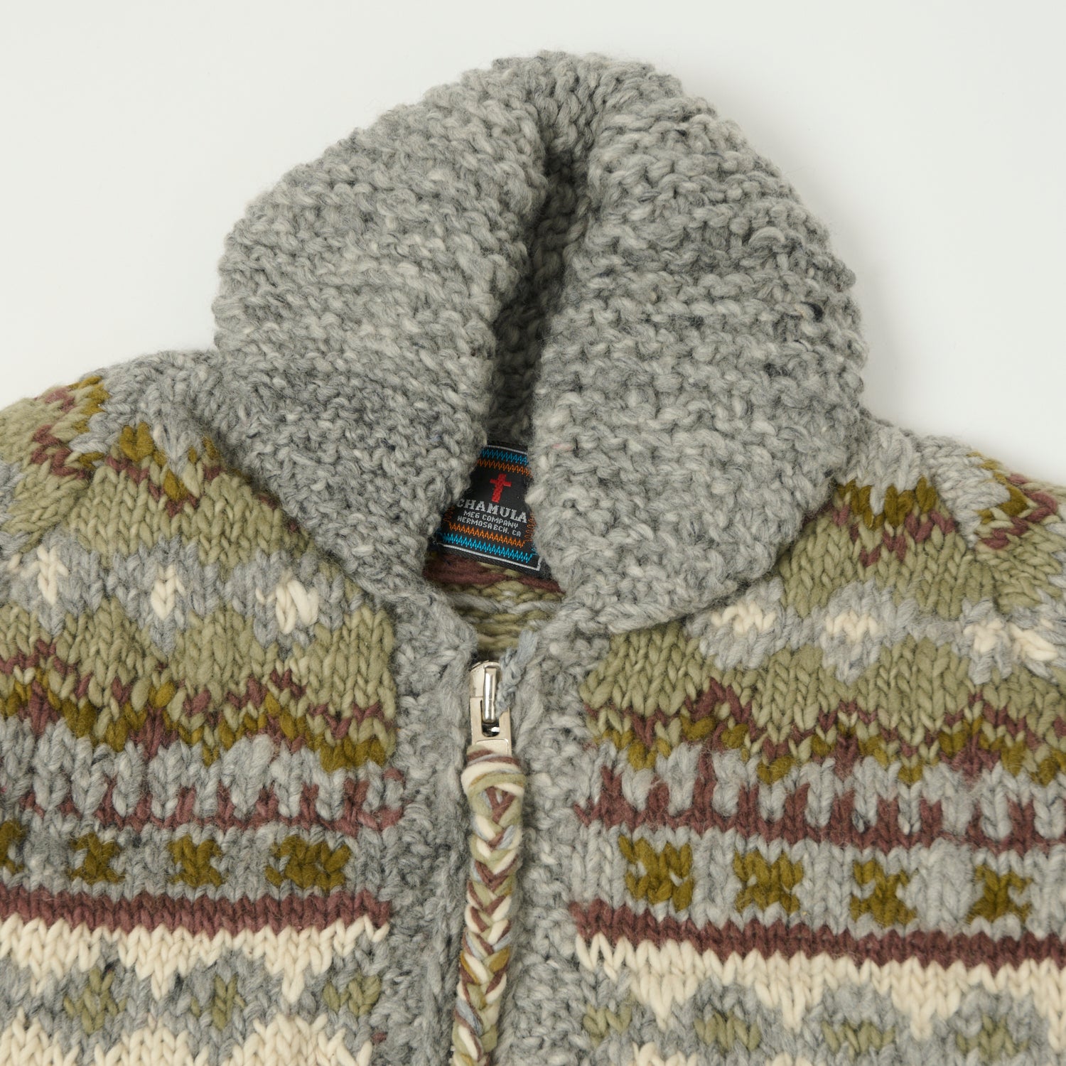 Chamula Merino Wool 'Fair Isle #3' Zip Through Cardigan - Pearl Grey