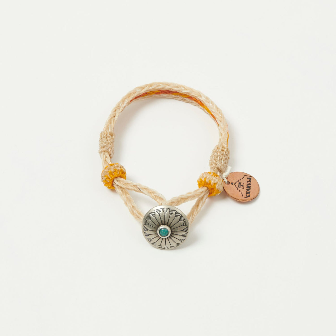Chamula Turquoise Horsehair Concho Bracelet - White/Yellow/Orange