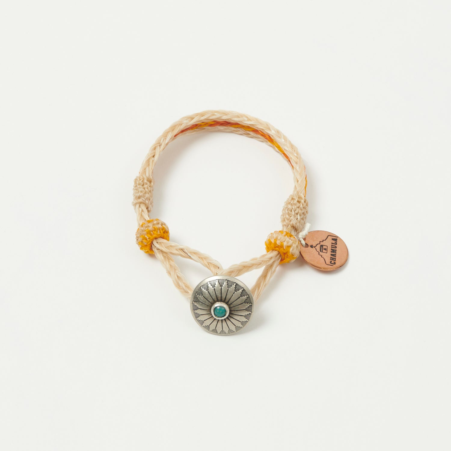 Chamula Turquoise Horsehair Concho Bracelet - White/Yellow/Orange