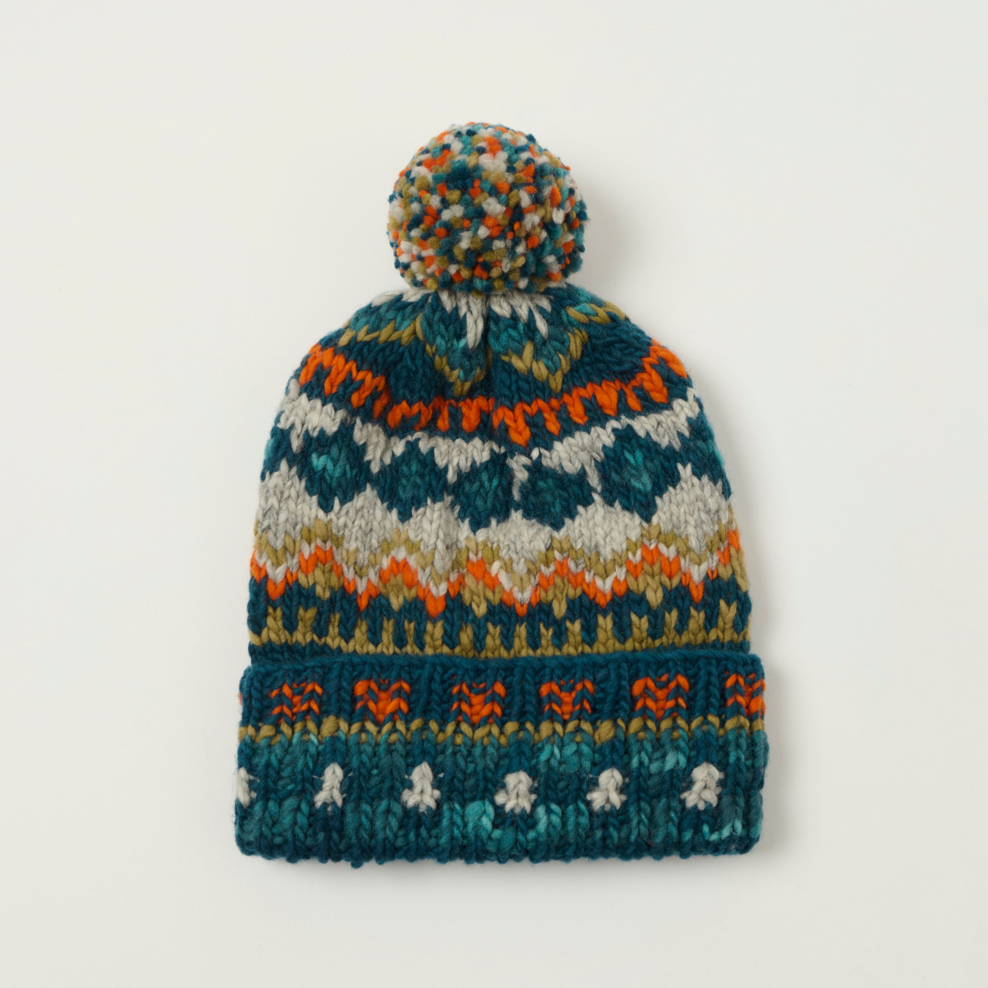 Chamula Double Cuff Beanie 'Fair Isle #3' - Dark Indigo