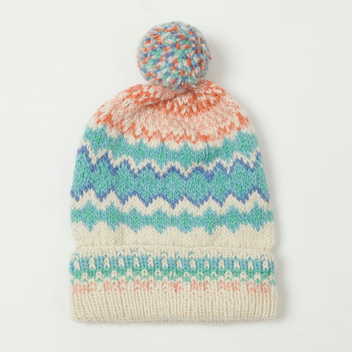 Chamula Double Cuff Beanie 'Fair Isle #8' - Natural/Turquoise