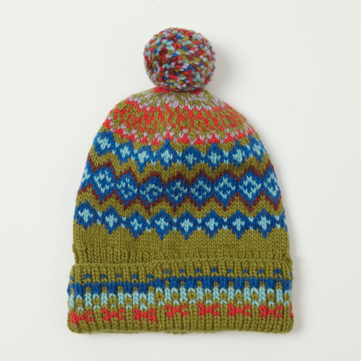 Chamula Double Cuff Beanie 'Fair Isle #8' - Seaweed