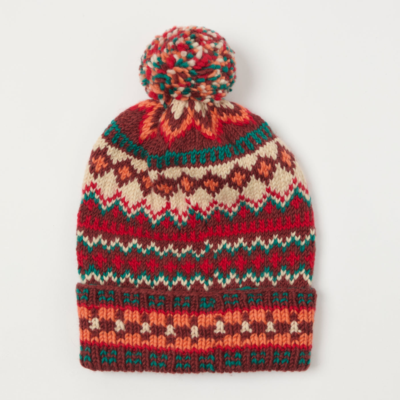 Chamula Double Cuff Beanie 'Fair Isle #3' - Raisin