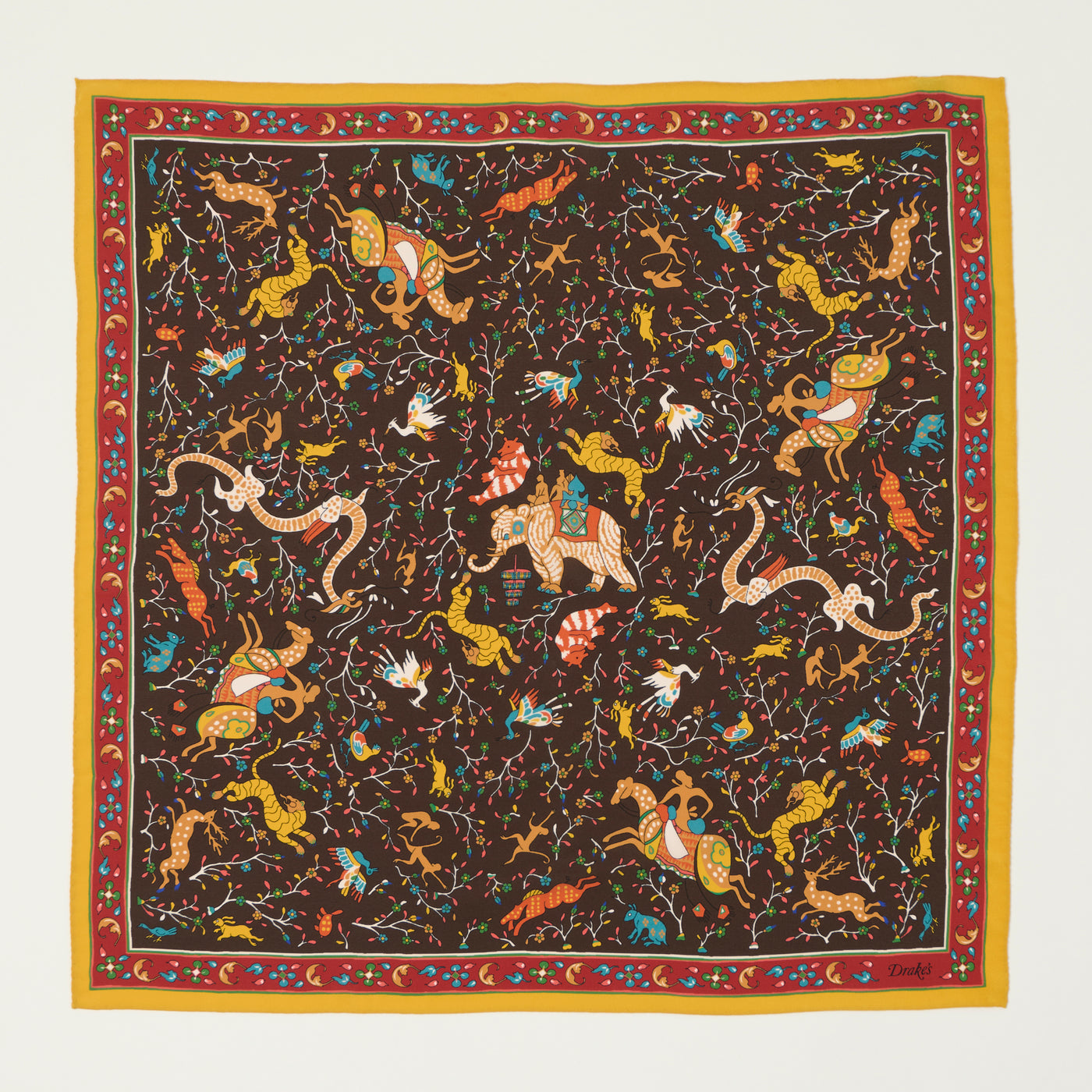 Drake's Floral 'Animals and Flowers' Silk Bandnana - Brown