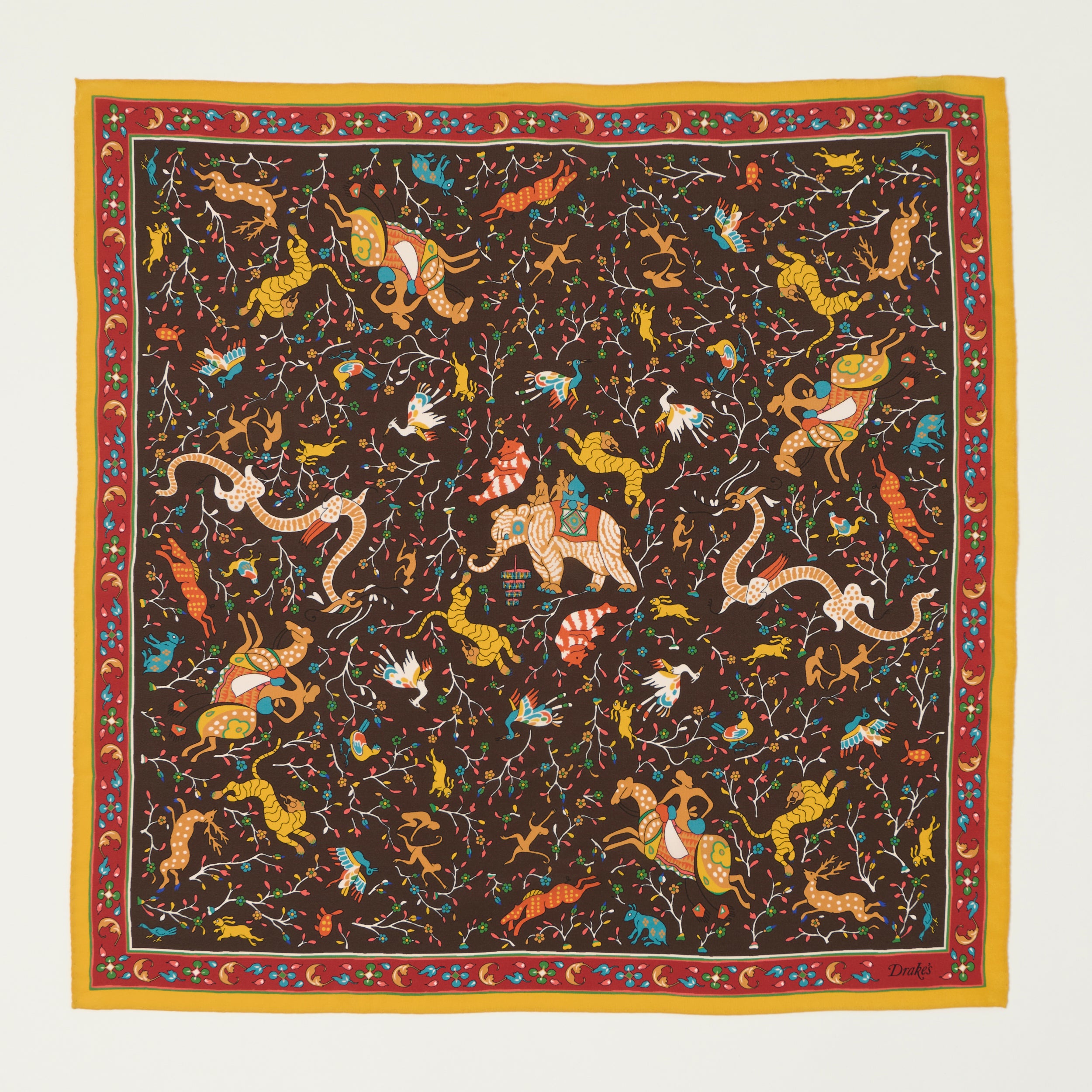 Drake's Floral 'Animals and Flowers' Silk Bandnana - Brown