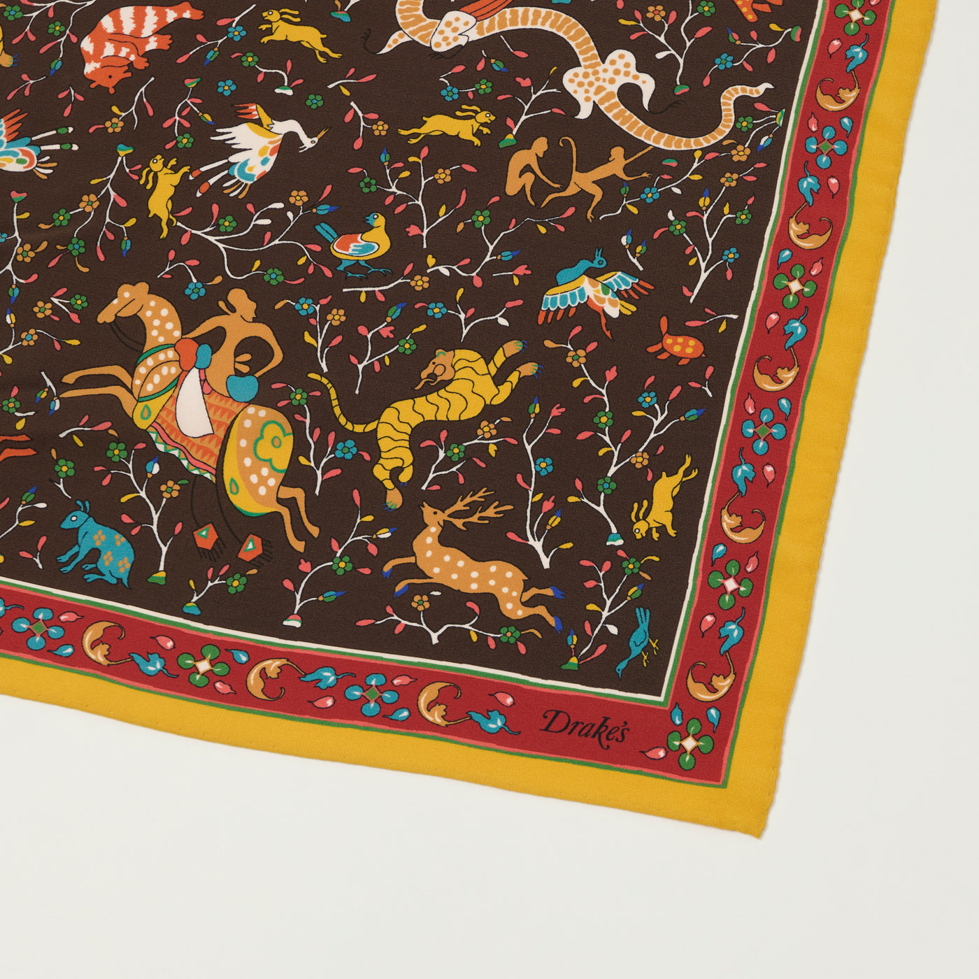 Drake's Floral 'Animals and Flowers' Silk Bandnana - Brown