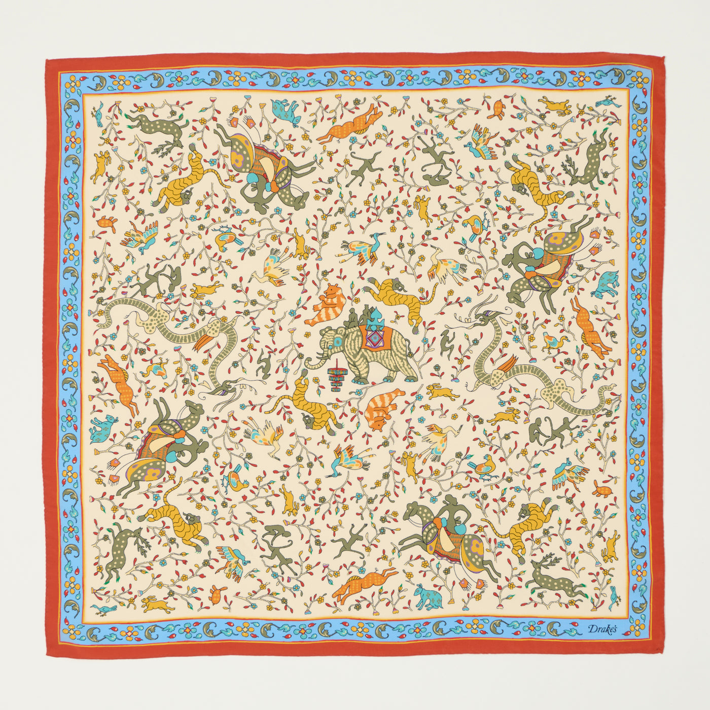 Drake's Floral 'Animals and Flowers' Silk Bandnana - Ecru