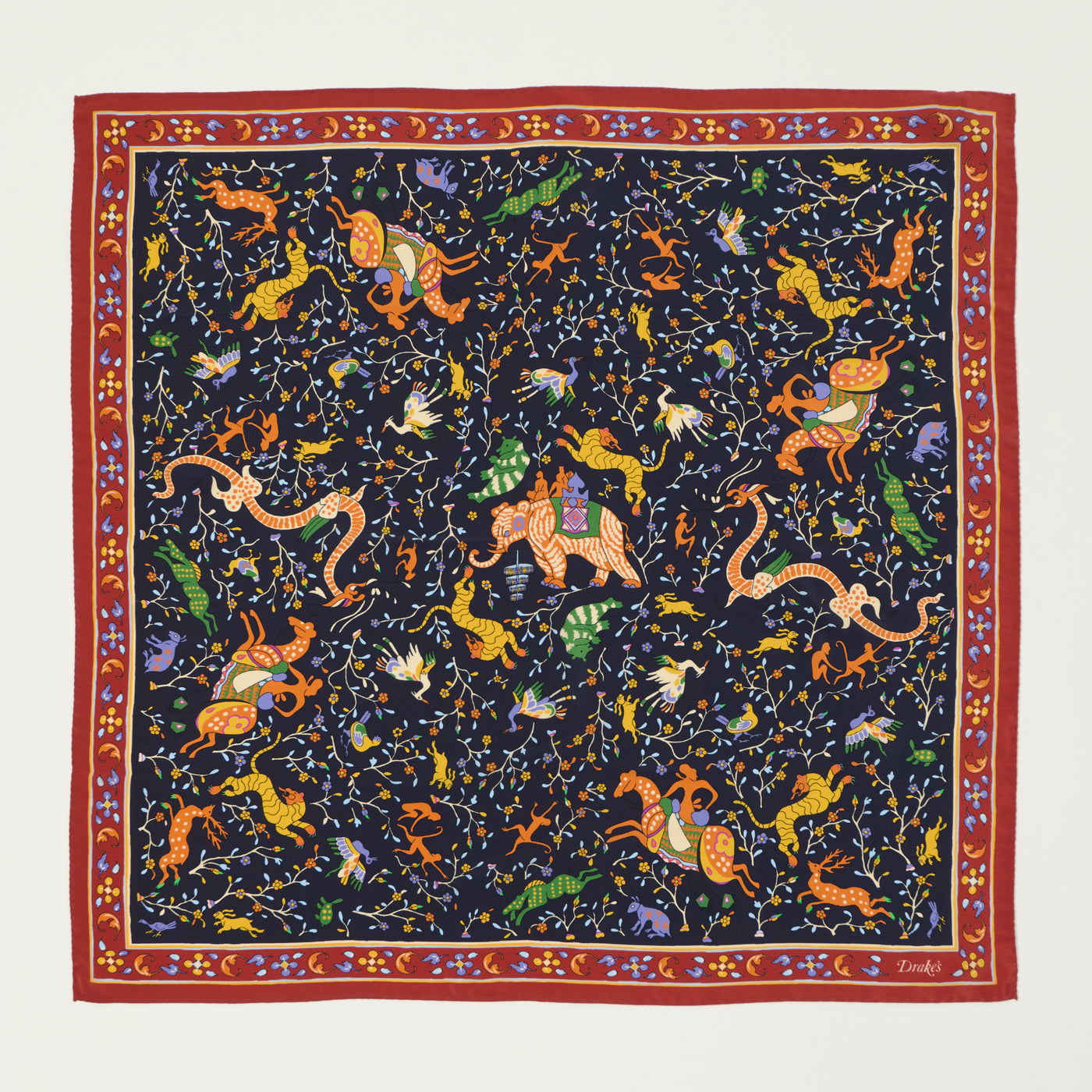 Drake's Floral 'Animals and Flowers' Silk Bandnana - Navy