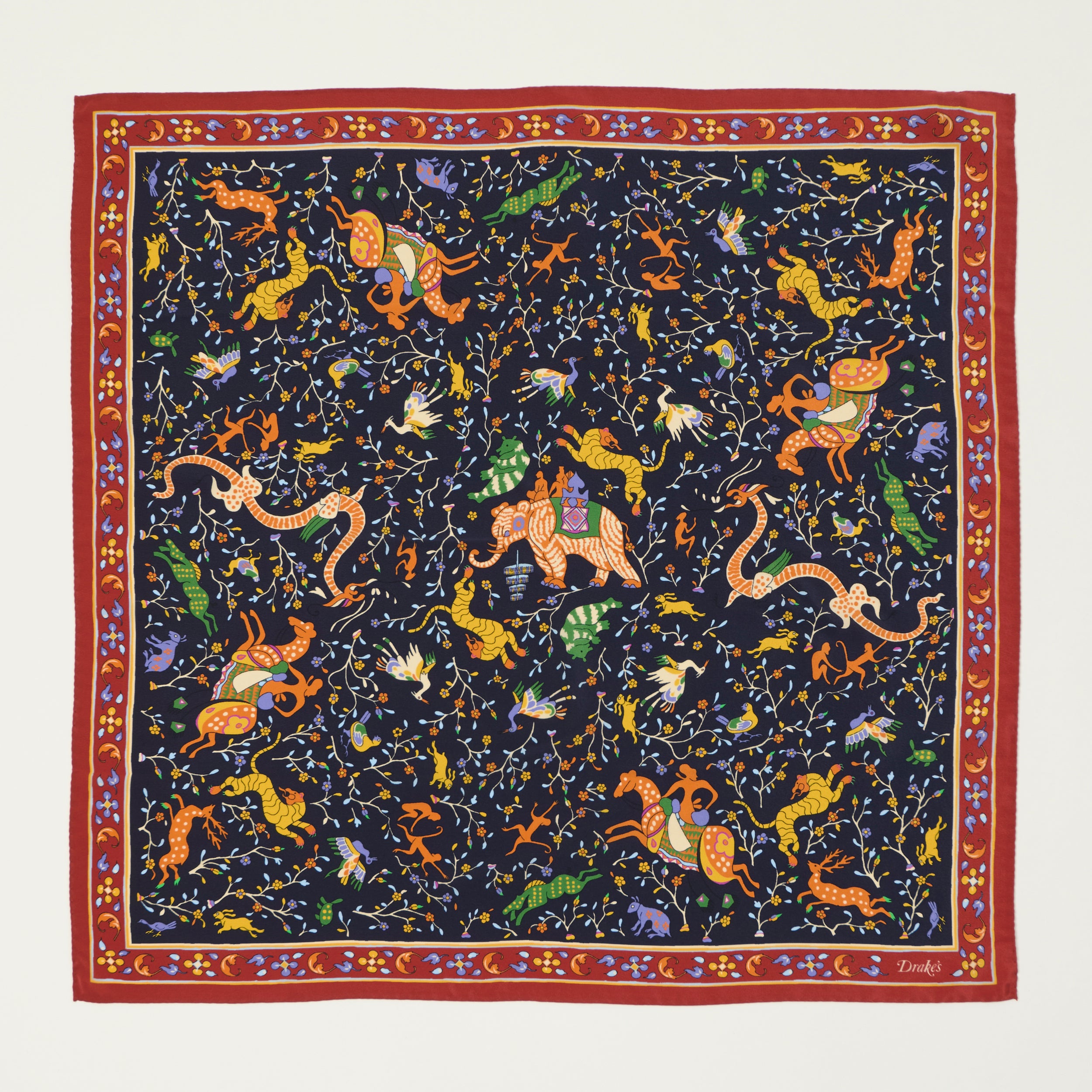 Drake's Floral 'Animals and Flowers' Silk Bandnana - Navy