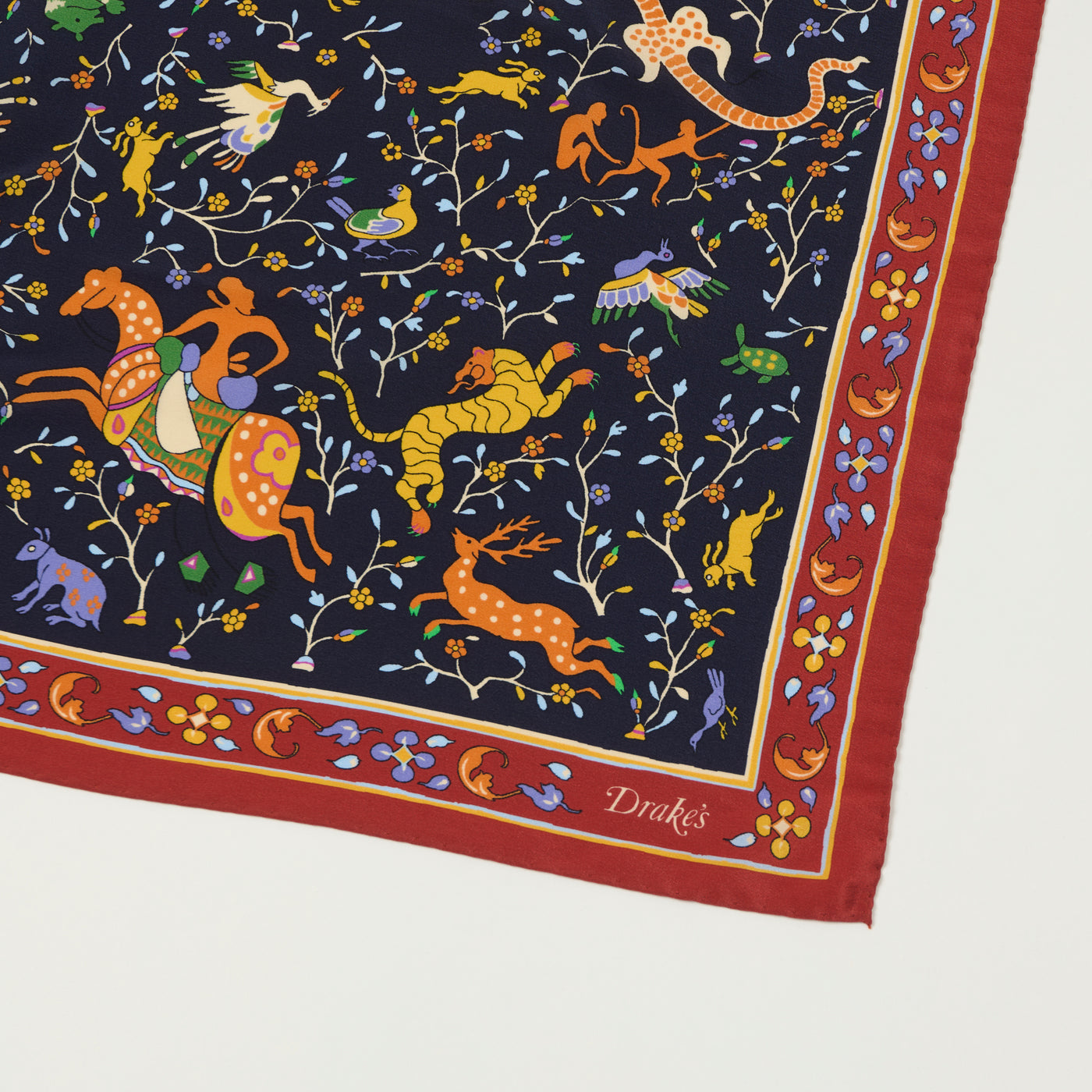 Drake's Floral 'Animals and Flowers' Silk Bandnana - Navy