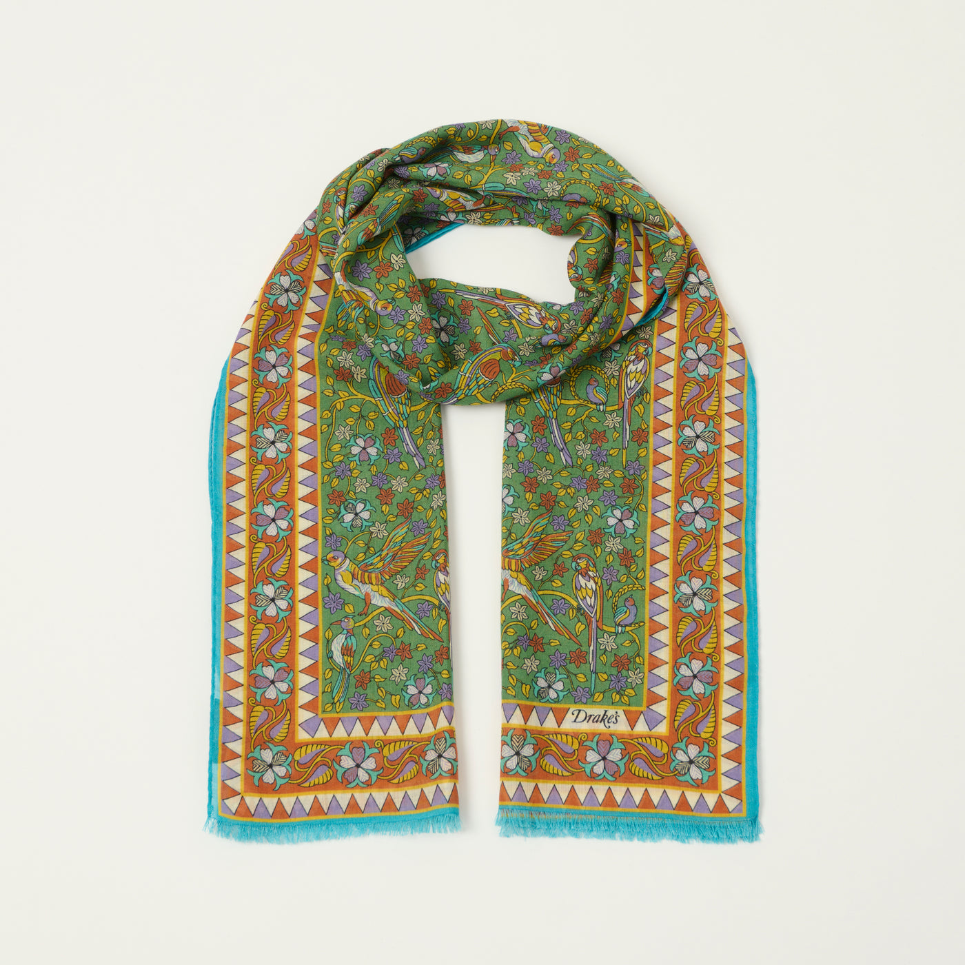 Drake's 'Birds and Flowers' Wool/Silk Scarf - Green