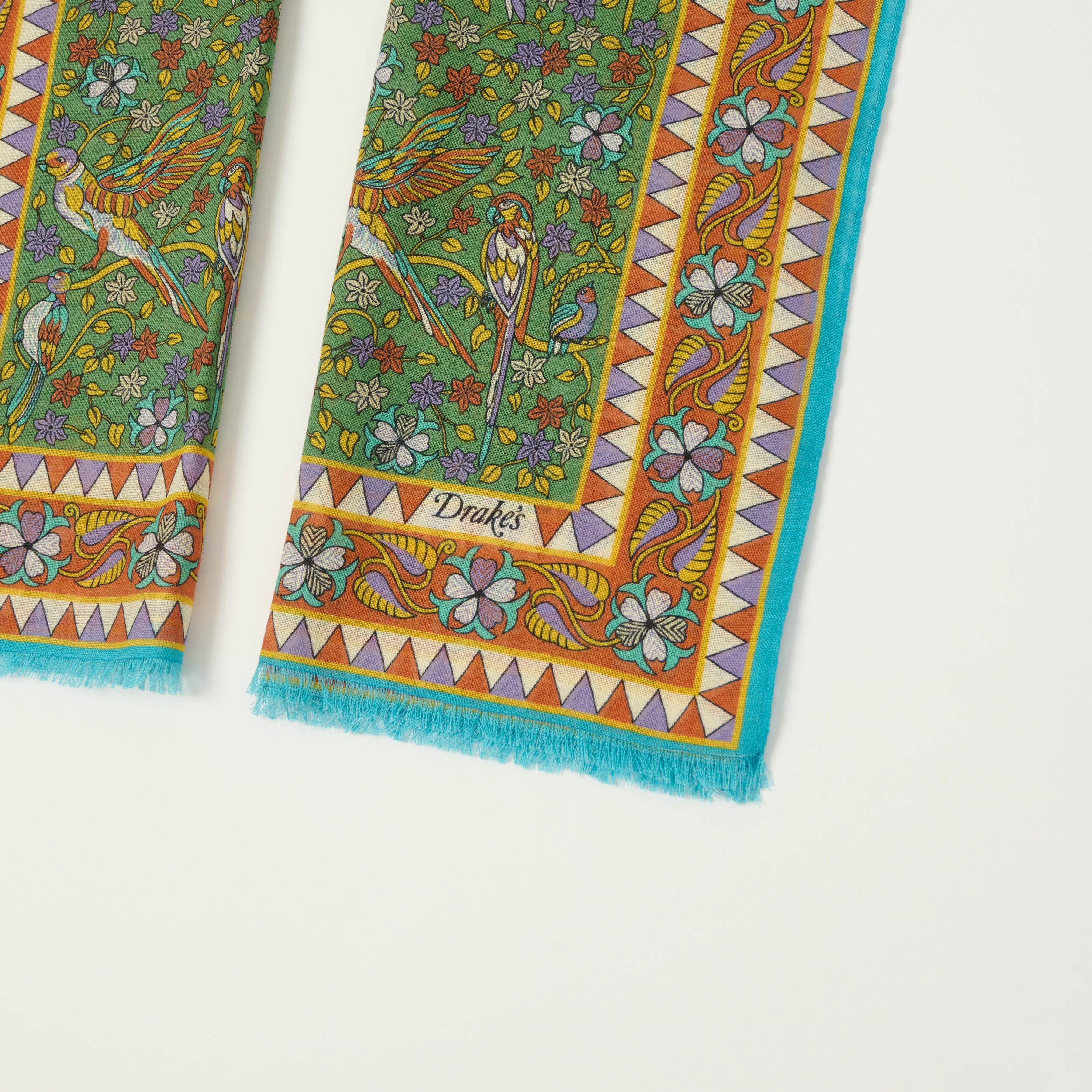 Drake's 'Birds and Flowers' Wool/Silk Scarf - Green