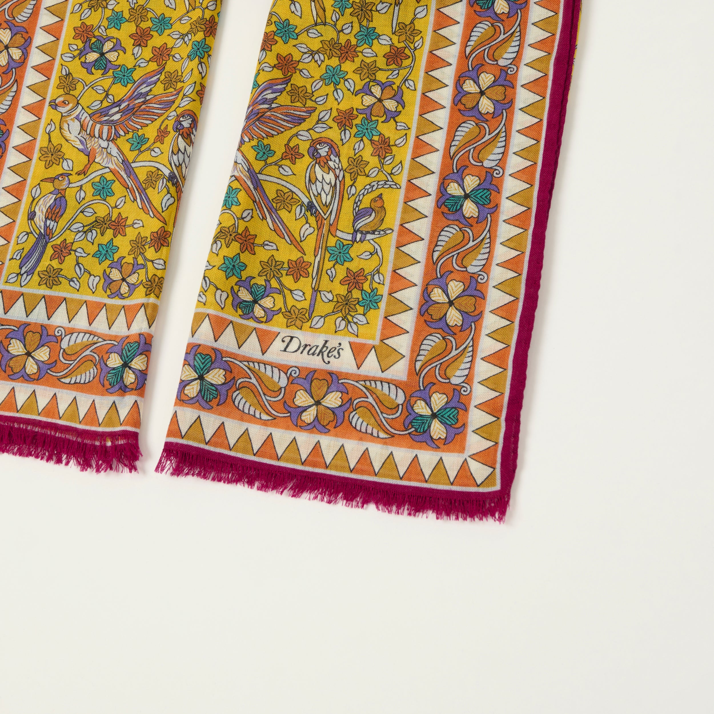 Drake's 'Birds and Flowers' Wool/Silk Scarf - Yellow