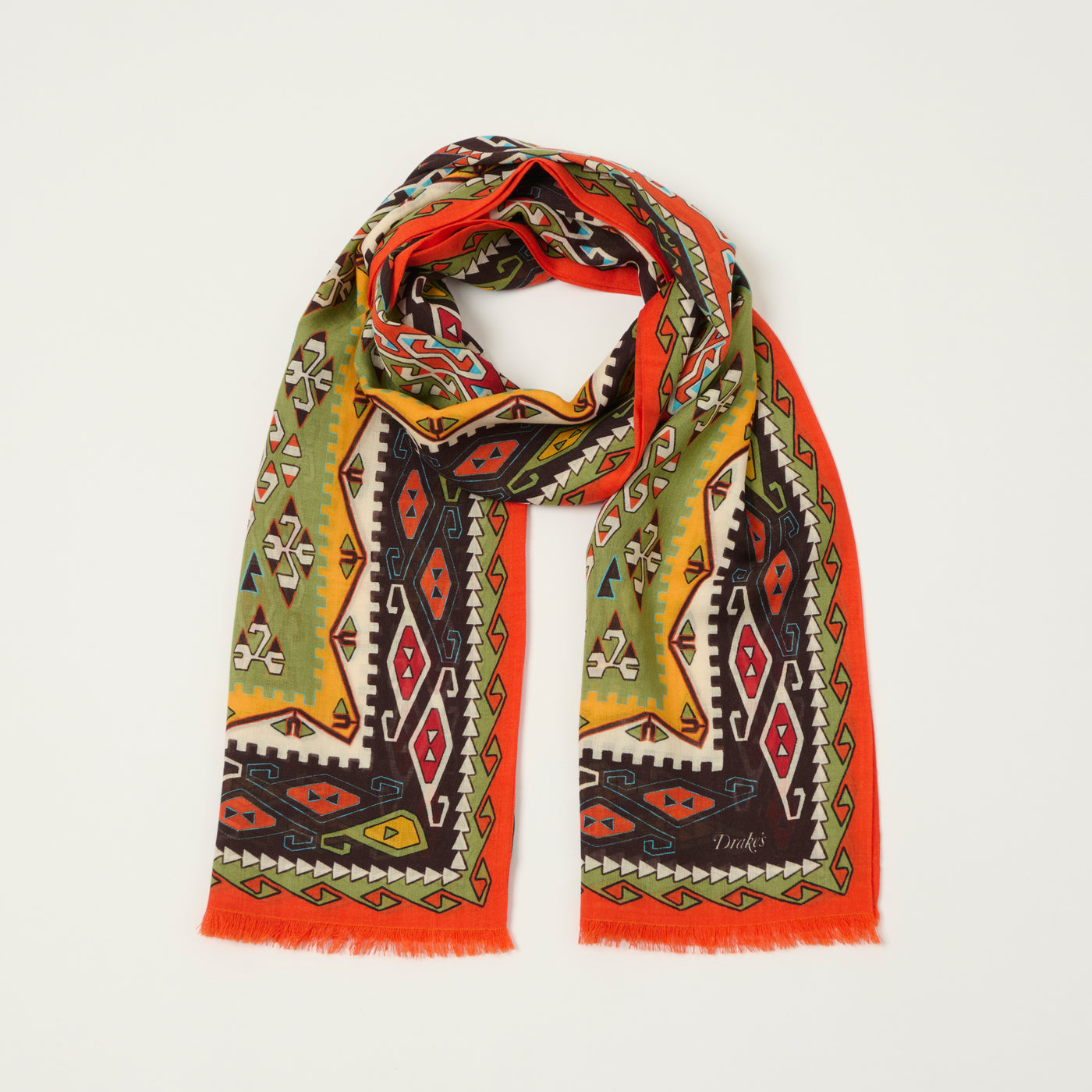 Drake's 'Kilim' Wool/Silk Printed Tubular Scarf - Red