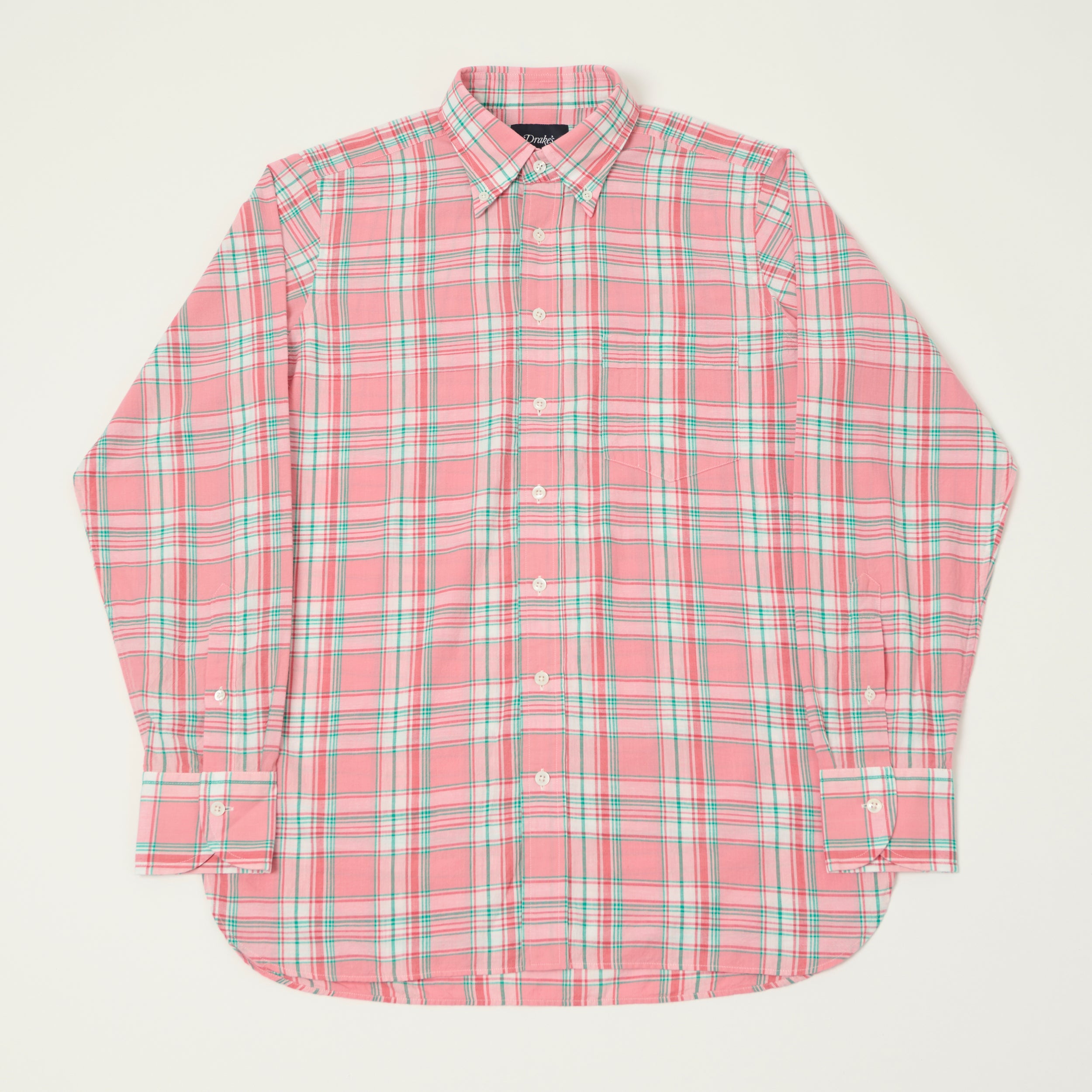Drake's Button Madras Down Shirt - Pink/Green