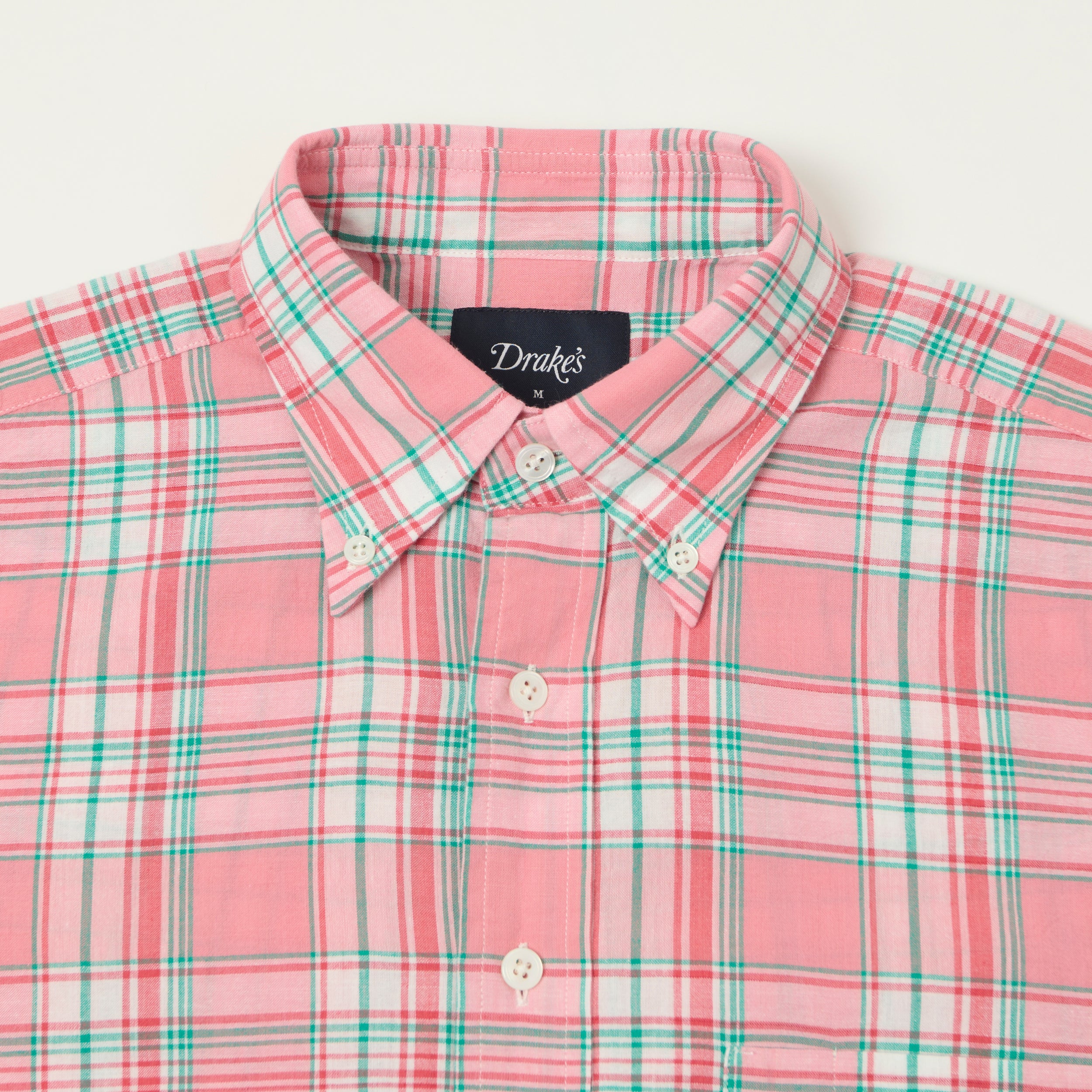 Drake's Button Madras Down Shirt - Pink/Green