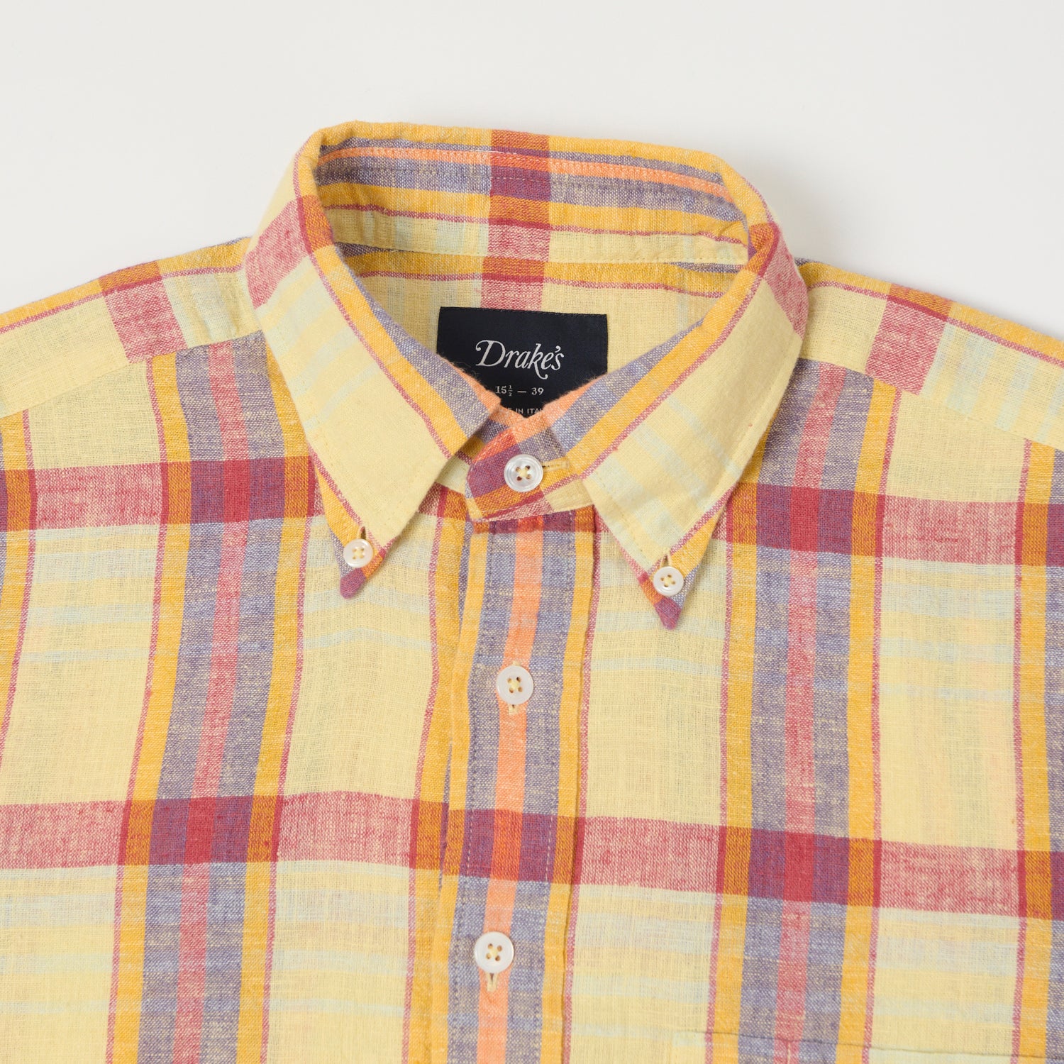 Drake's Button Down Cotton Linen Madras Shirt - Yellow/Red/Navy