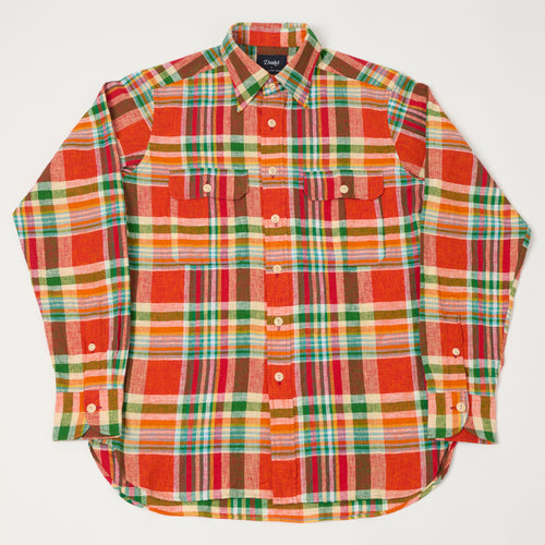 Drake's Cotton Linen Madras Work Shirt - Red/Orange/Green