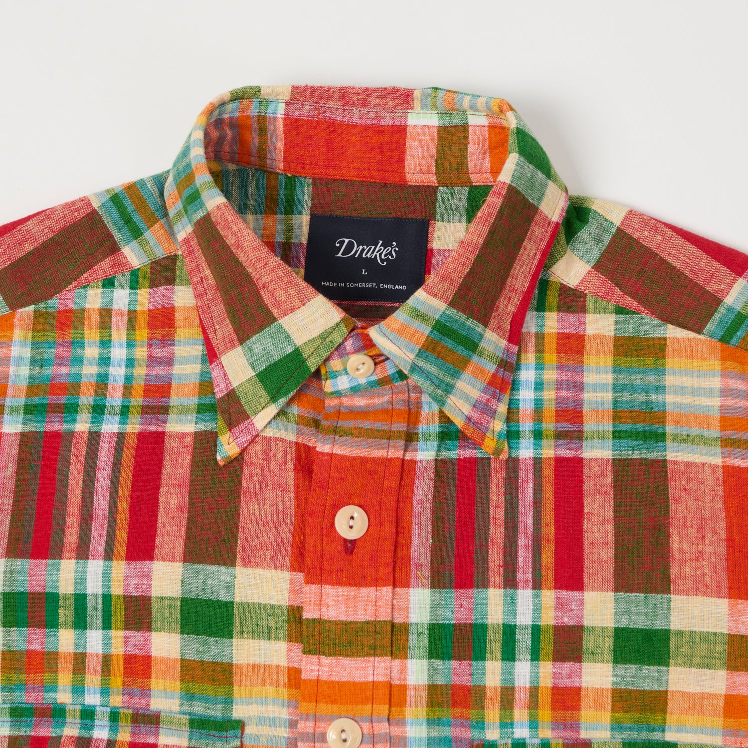 Drake's Cotton Linen Madras Work Shirt - Red/Orange/Green
