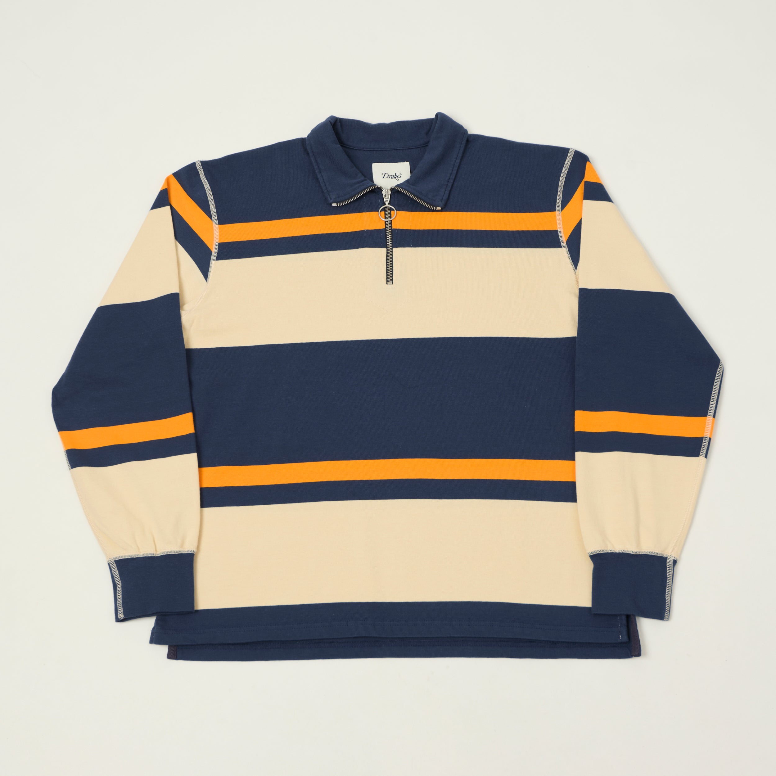 Drake's Stripe Quarter Zip Rugby Shirt - Ecru/Navy/Yellow