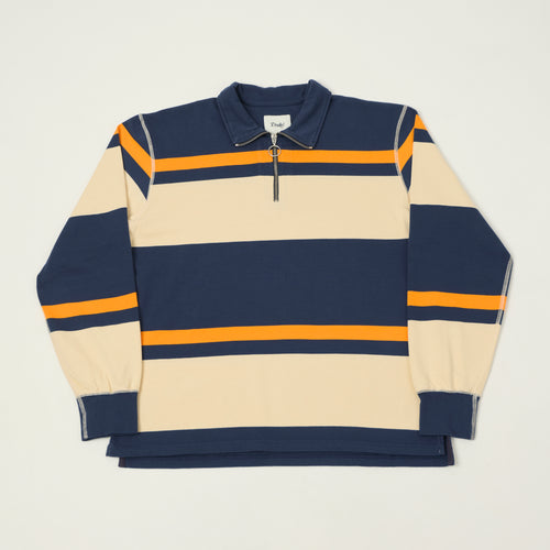 Drake's Stripe Quarter Zip Rugby Shirt - Ecru/Navy/Yellow